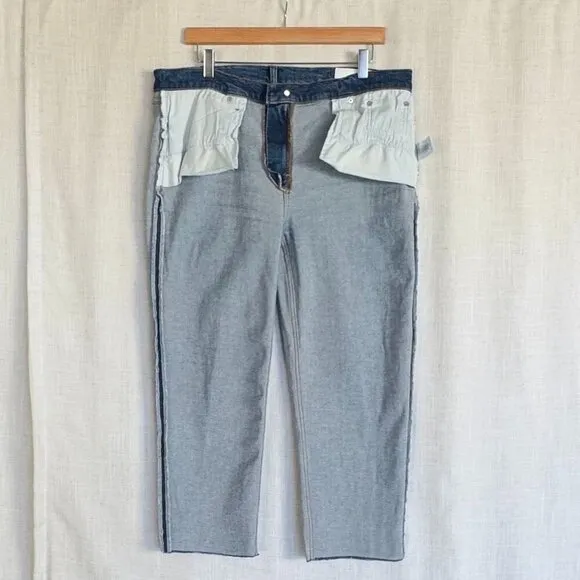 Re/done High Rise Straight Leg Raw Hem Crop Stretch Blue Denim Jeans Size 32