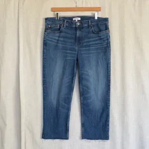 Re/done High Rise Straight Leg Raw Hem Crop Stretch Blue Denim Jeans Size 32