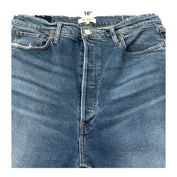Re/Done Ultra High Rise 70s Stove Pipe Jeans 32 Medium Blue Straight Leg Raw Hem