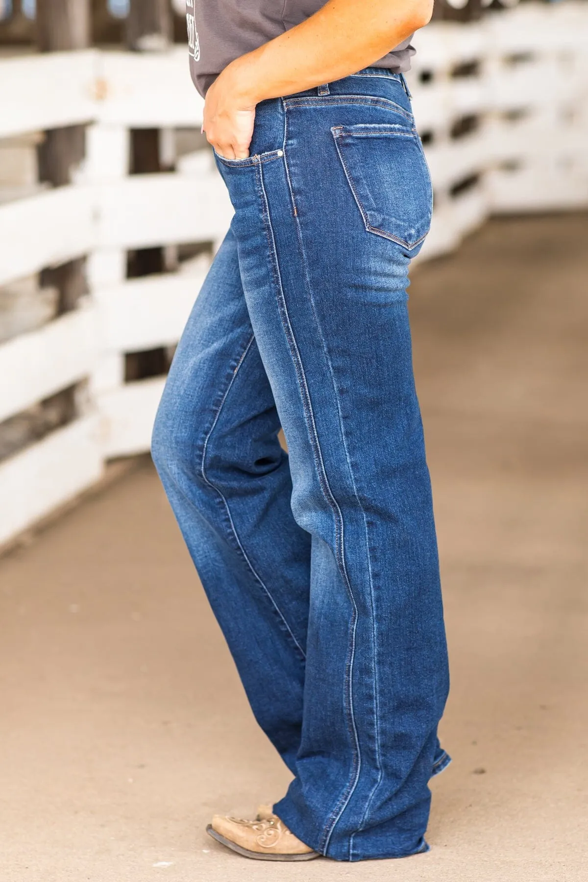 Risen Dark Wash Side Detail Straight Leg Jeans