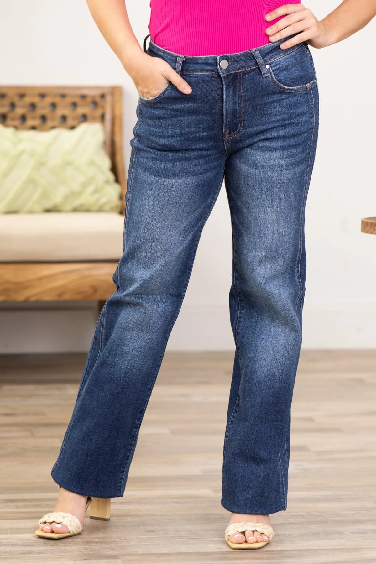 Risen Dark Wash Side Detail Straight Leg Jeans