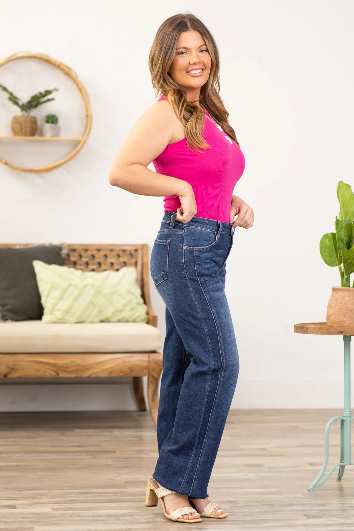 Risen Dark Wash Side Detail Straight Leg Jeans