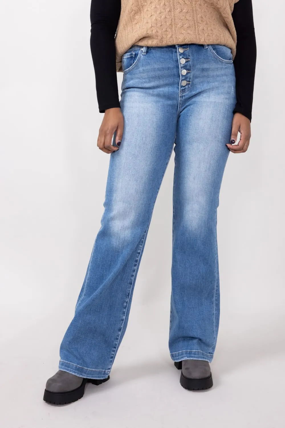Risen High-Rise Light Wash Button Down Bootcut Jeans for Women | RDP5521-LT