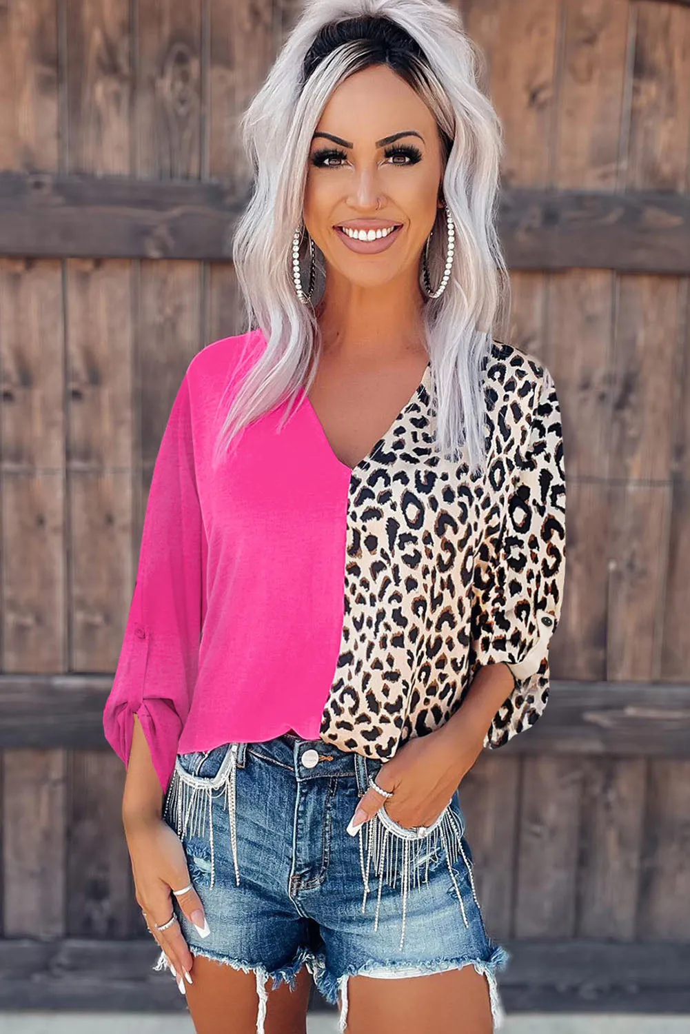 Rose Leopard Color Block Roll Tab Sleeve V Neck Top