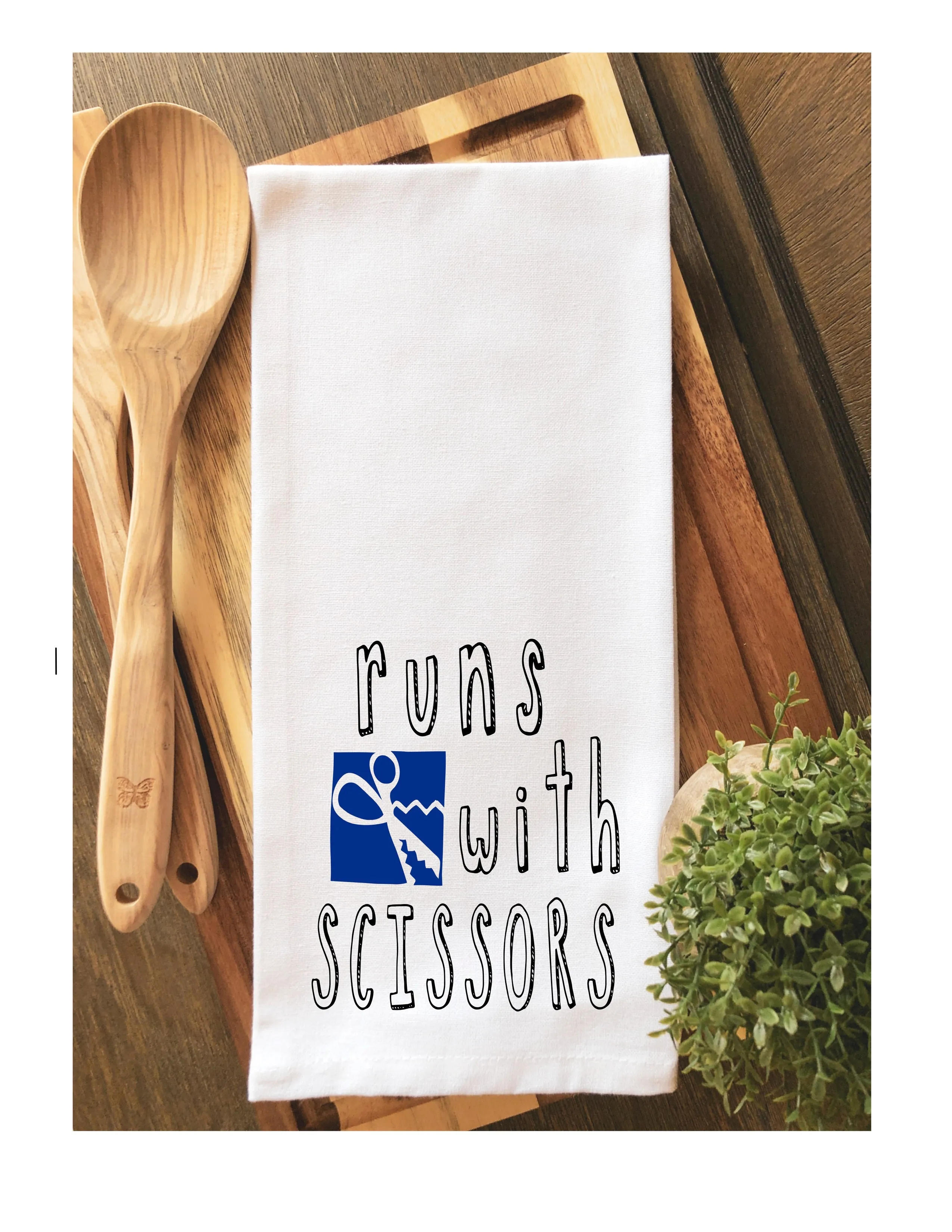 runs with scissors- humorous tea kitchen towel LG