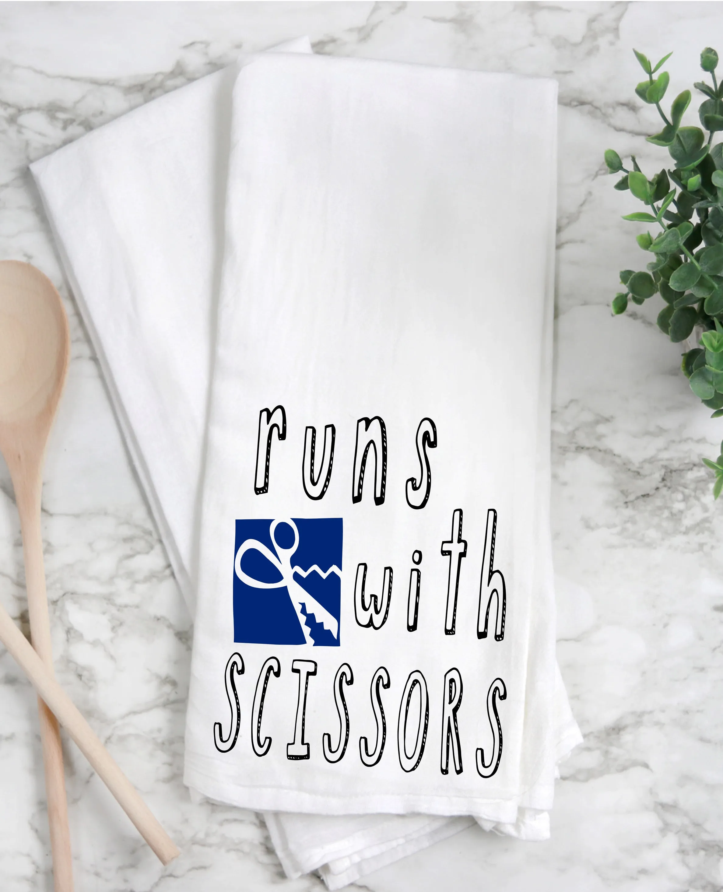 runs with scissors- humorous tea kitchen towel LG