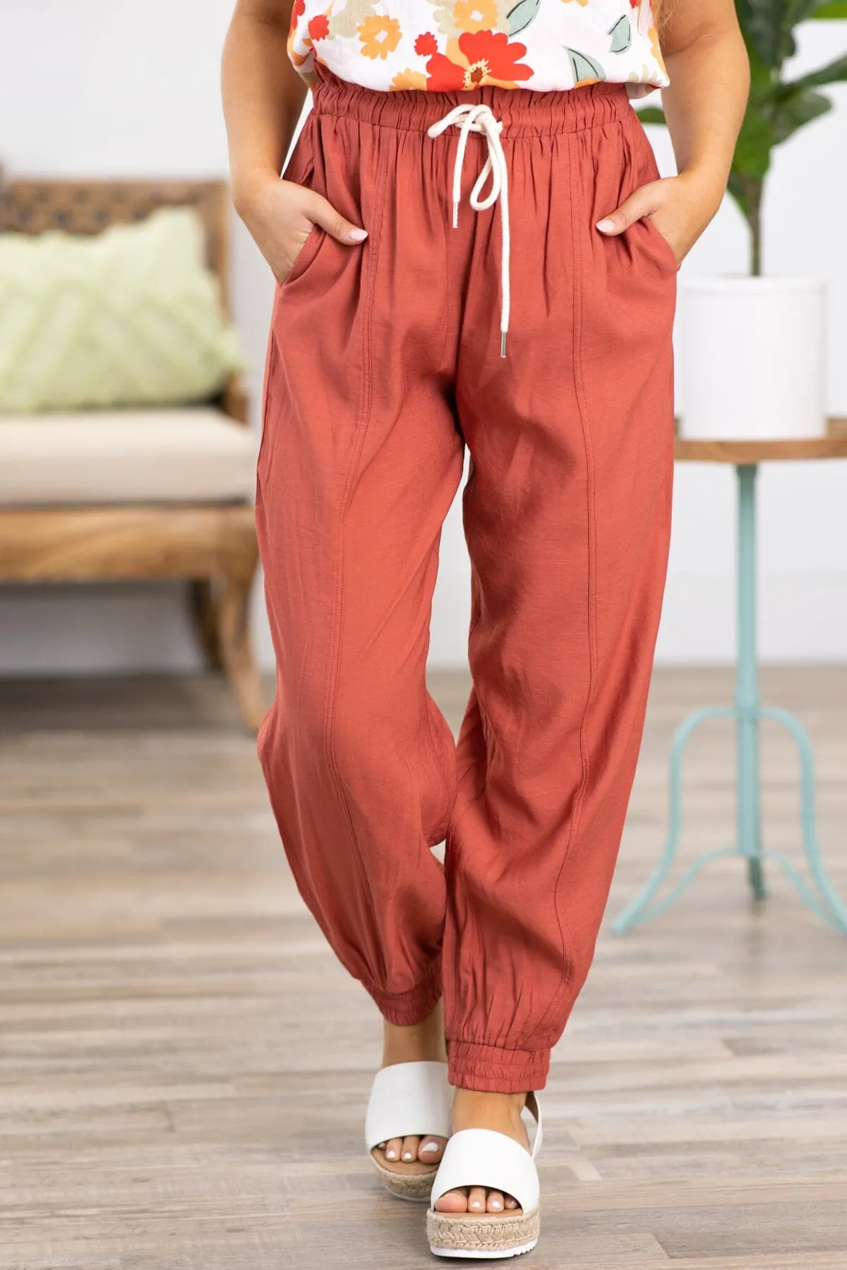 Rust Drawstring Waist Jogger Pants