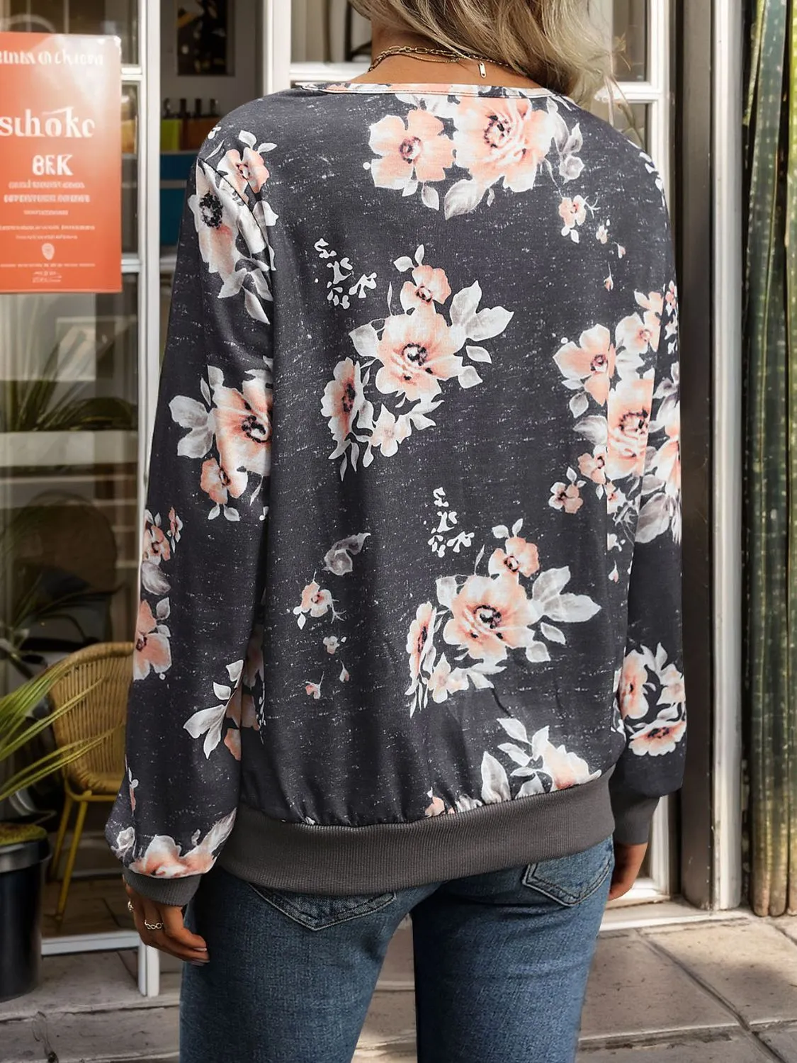 Sasha Floral V-Neck Long Sleeve Light Weight Sweatshirt