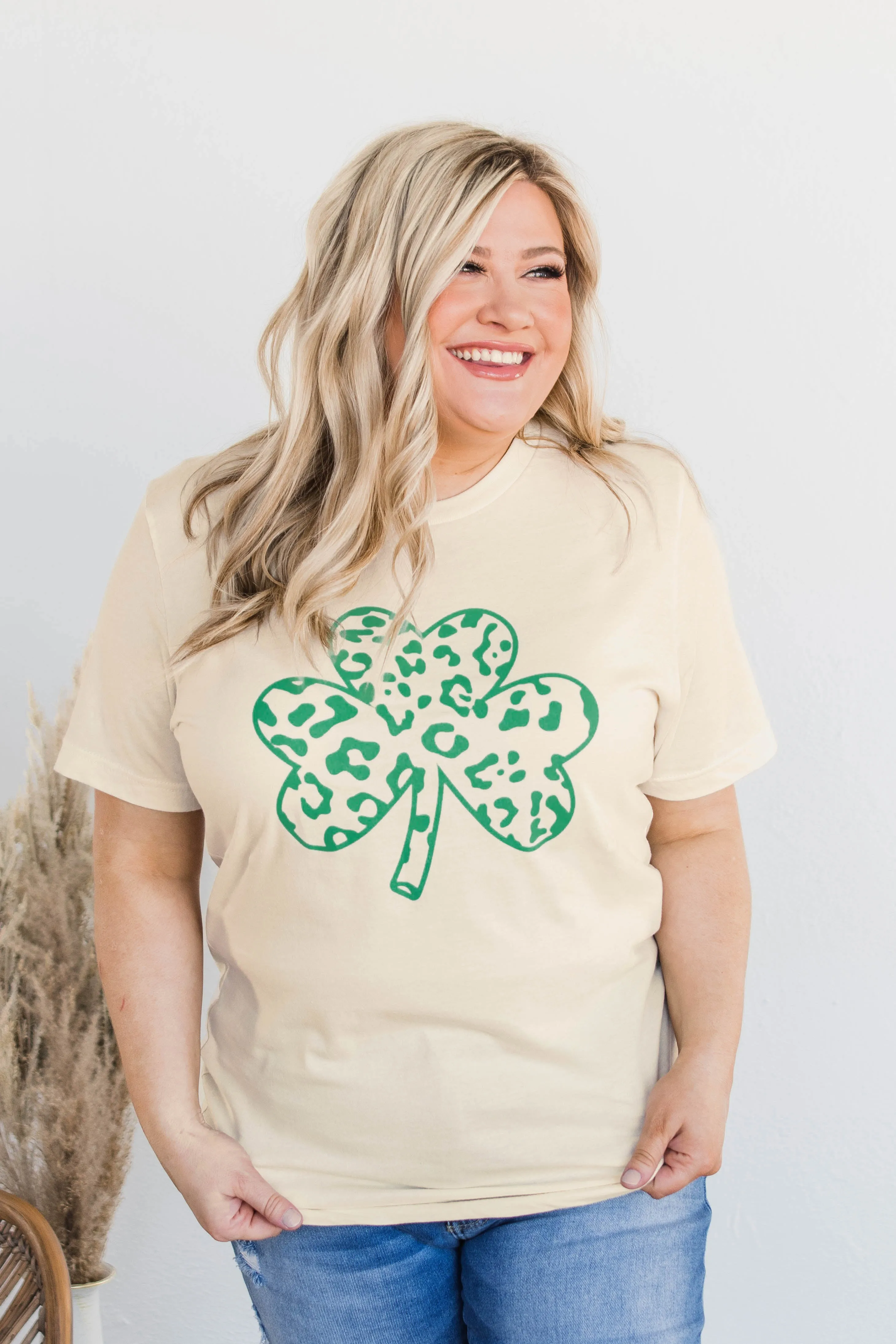 Say A Wish Leopard Shamrock Tee- Cream