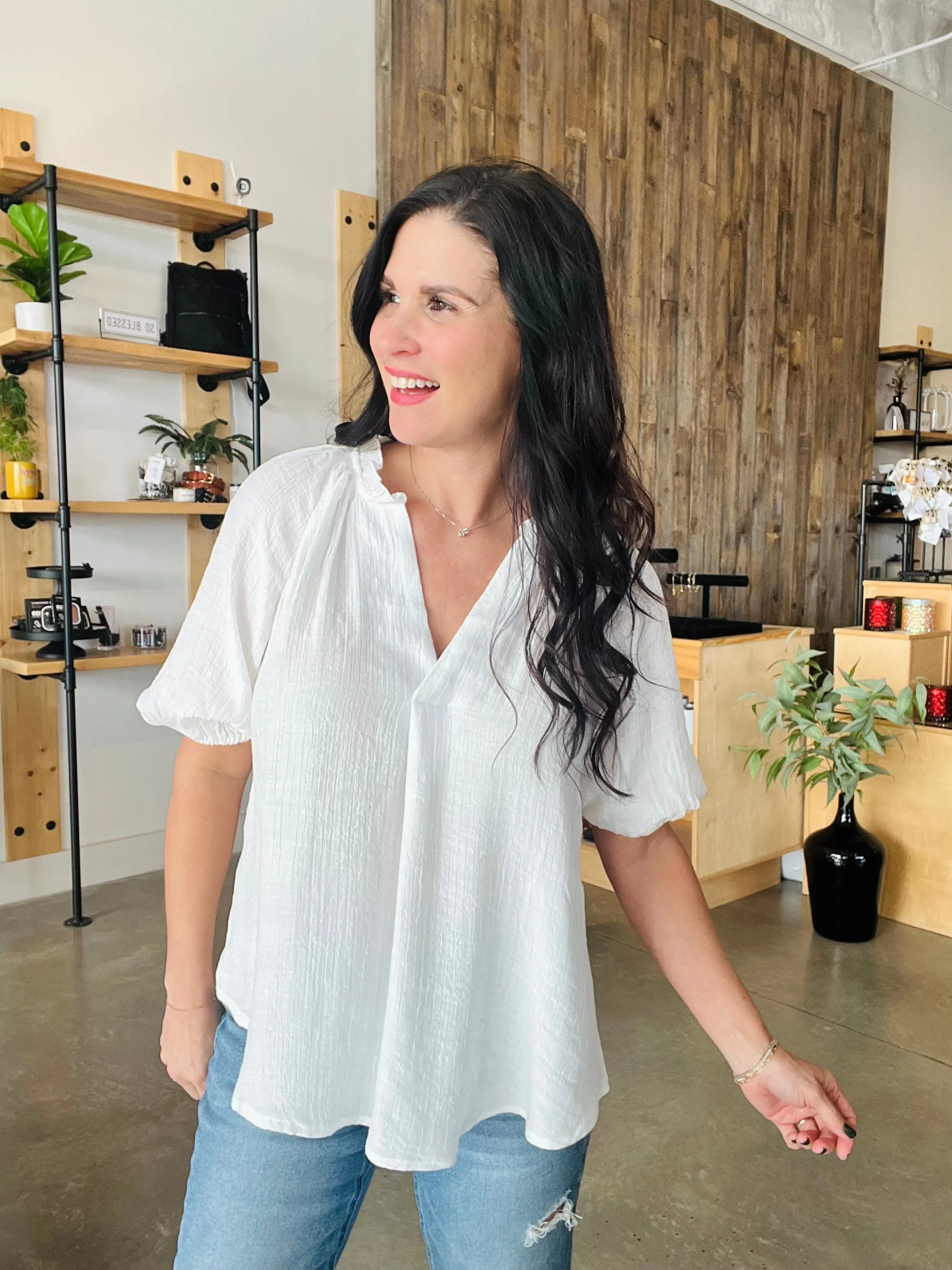 Scrunched V Neck Shirt - White