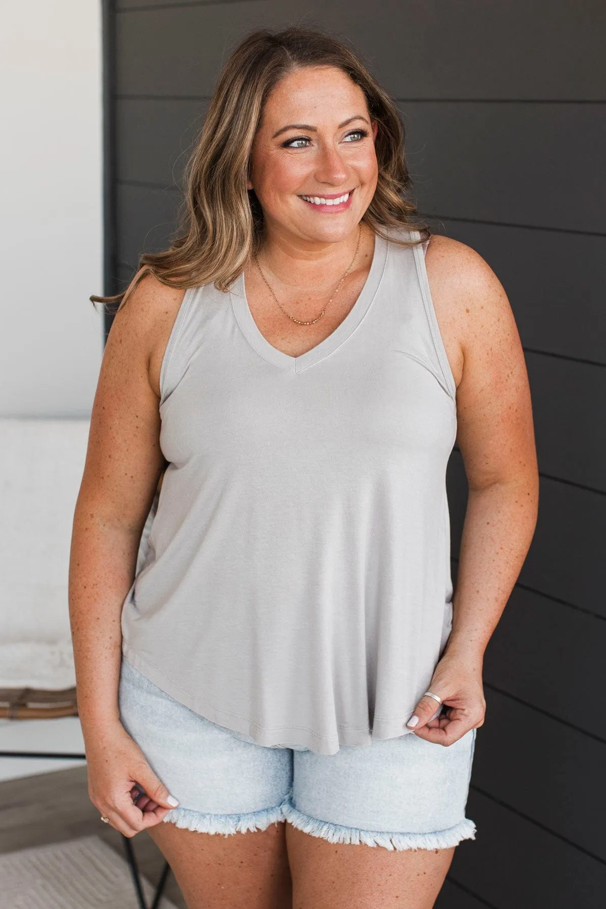 Searching For Joy V-Neck Tank Top- Pebble