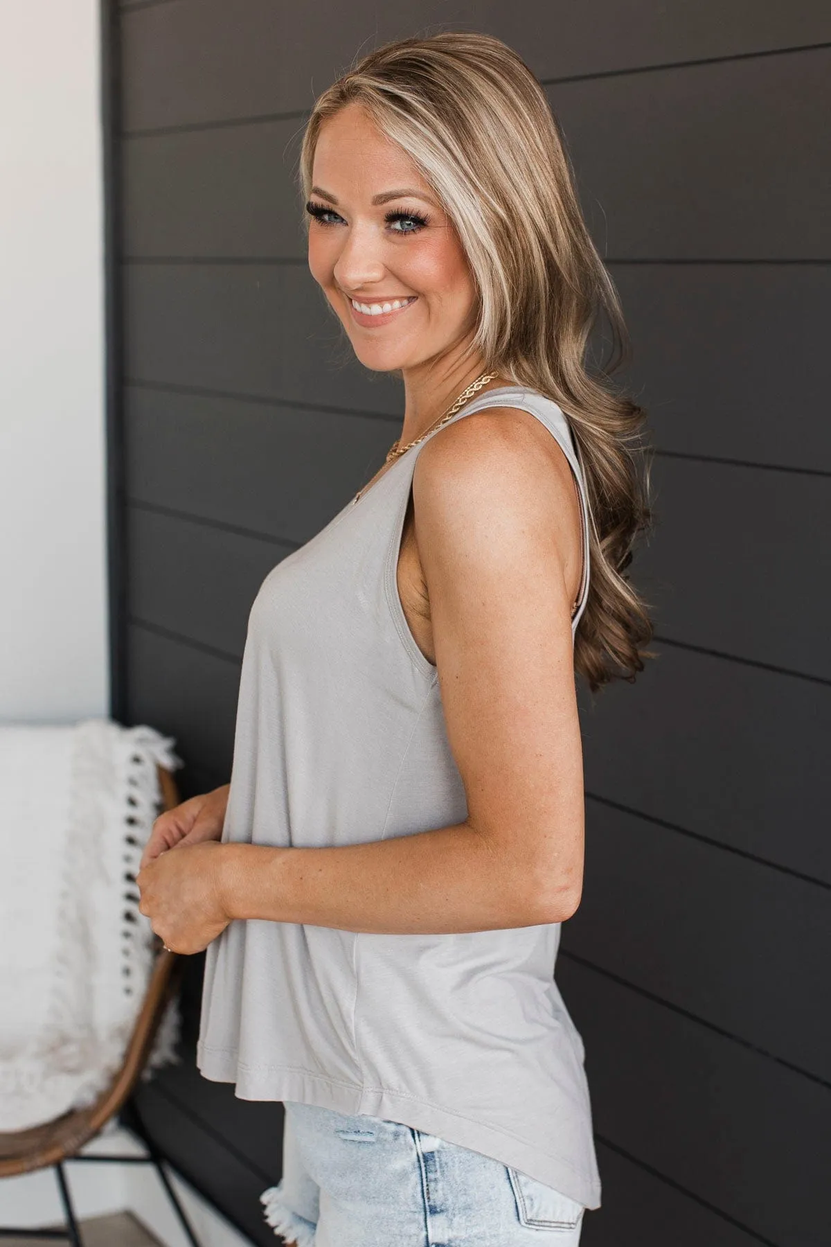 Searching For Joy V-Neck Tank Top- Pebble