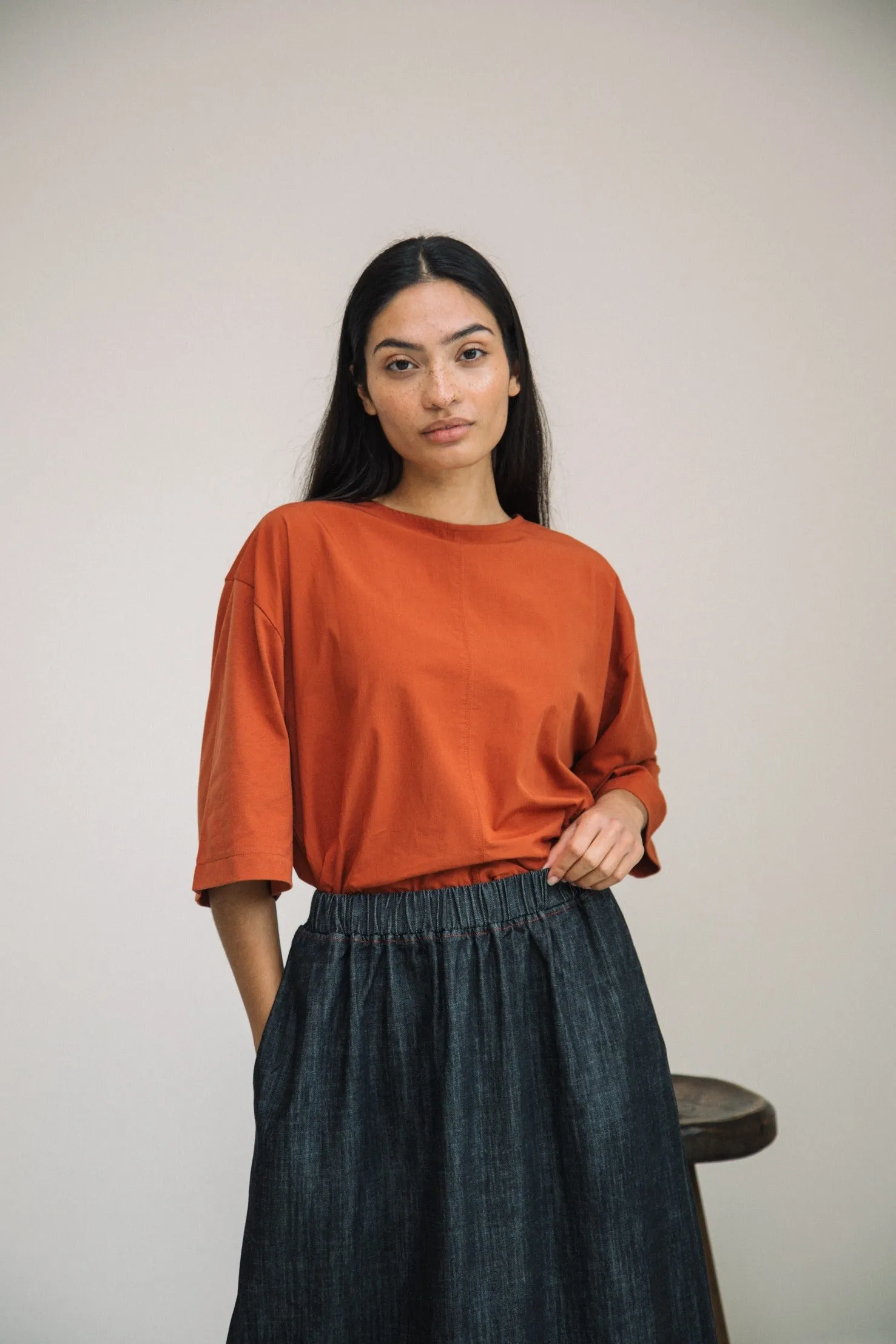 Shay Organic Cotton Jersey and Poplin Top in Paprika
