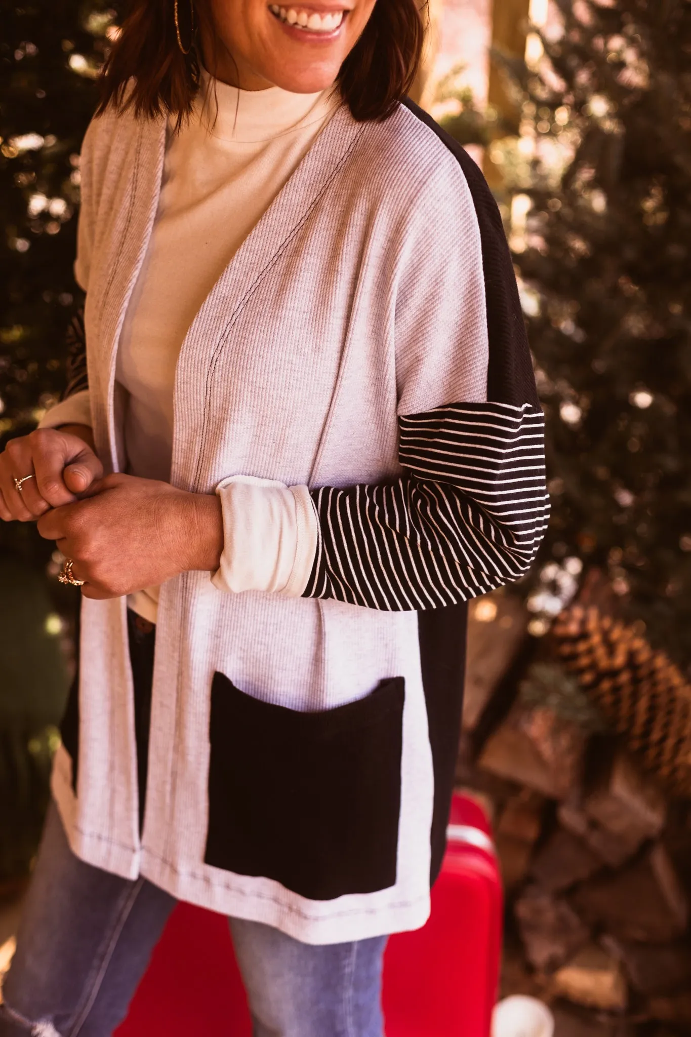 Stripe Sleeve   Patch Pocket Cardigan