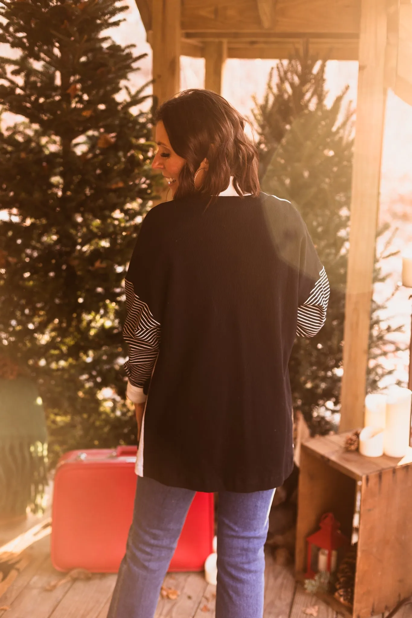 Stripe Sleeve   Patch Pocket Cardigan
