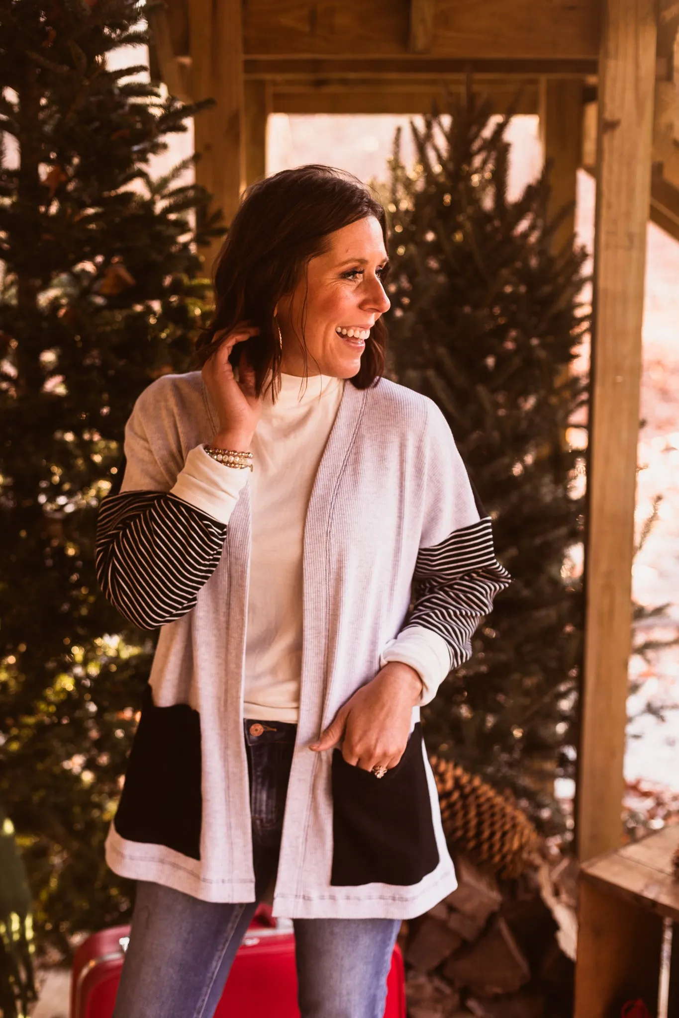 Stripe Sleeve   Patch Pocket Cardigan