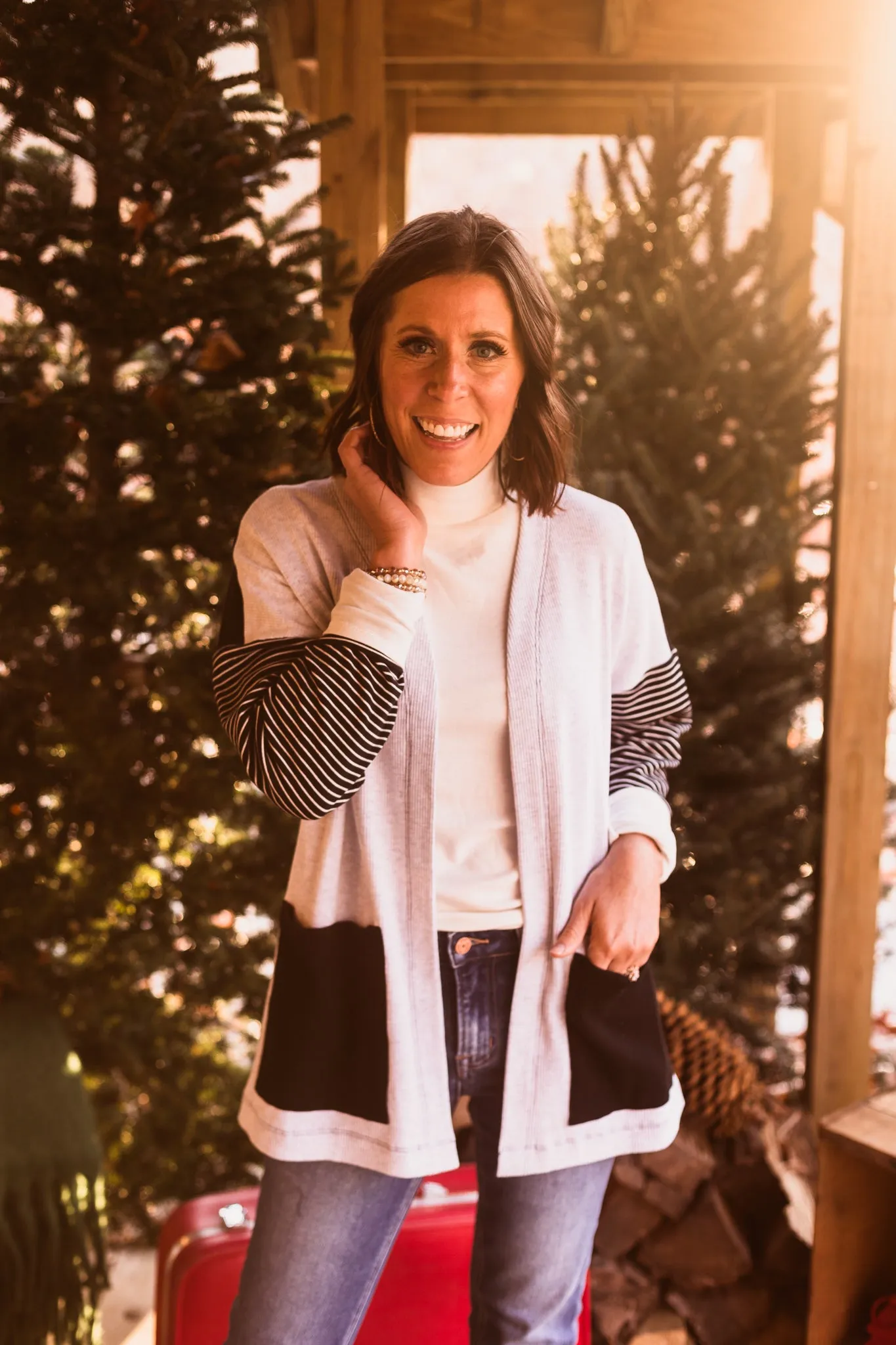 Stripe Sleeve   Patch Pocket Cardigan