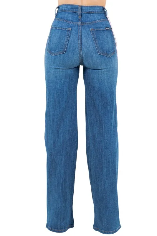 Striped Wide Leg Blue Jean Pants 33" Inseam
