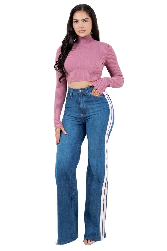Striped Wide Leg Blue Jean Pants 33" Inseam