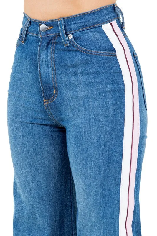Striped Wide Leg Blue Jean Pants 33" Inseam