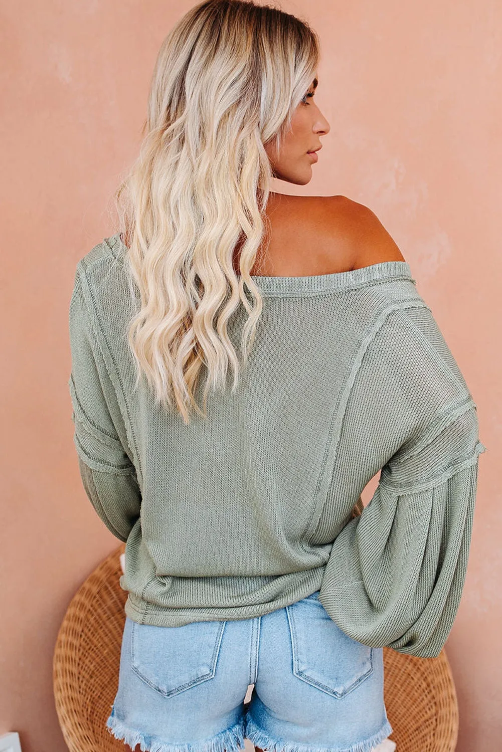 Swamp V Neck Puff Sleeve Lightweight Knit Sweater