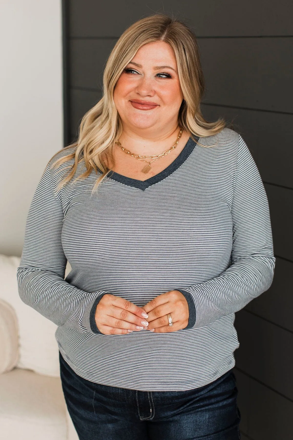Sweetest Days Striped V-Neck Top- Navy