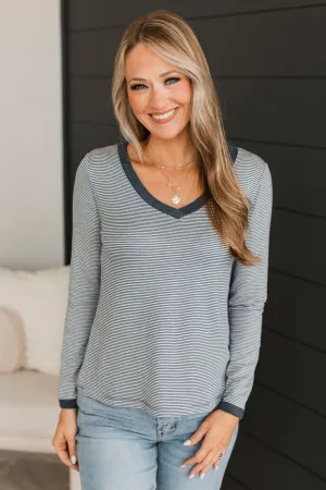 Sweetest Days Striped V-Neck Top- Navy