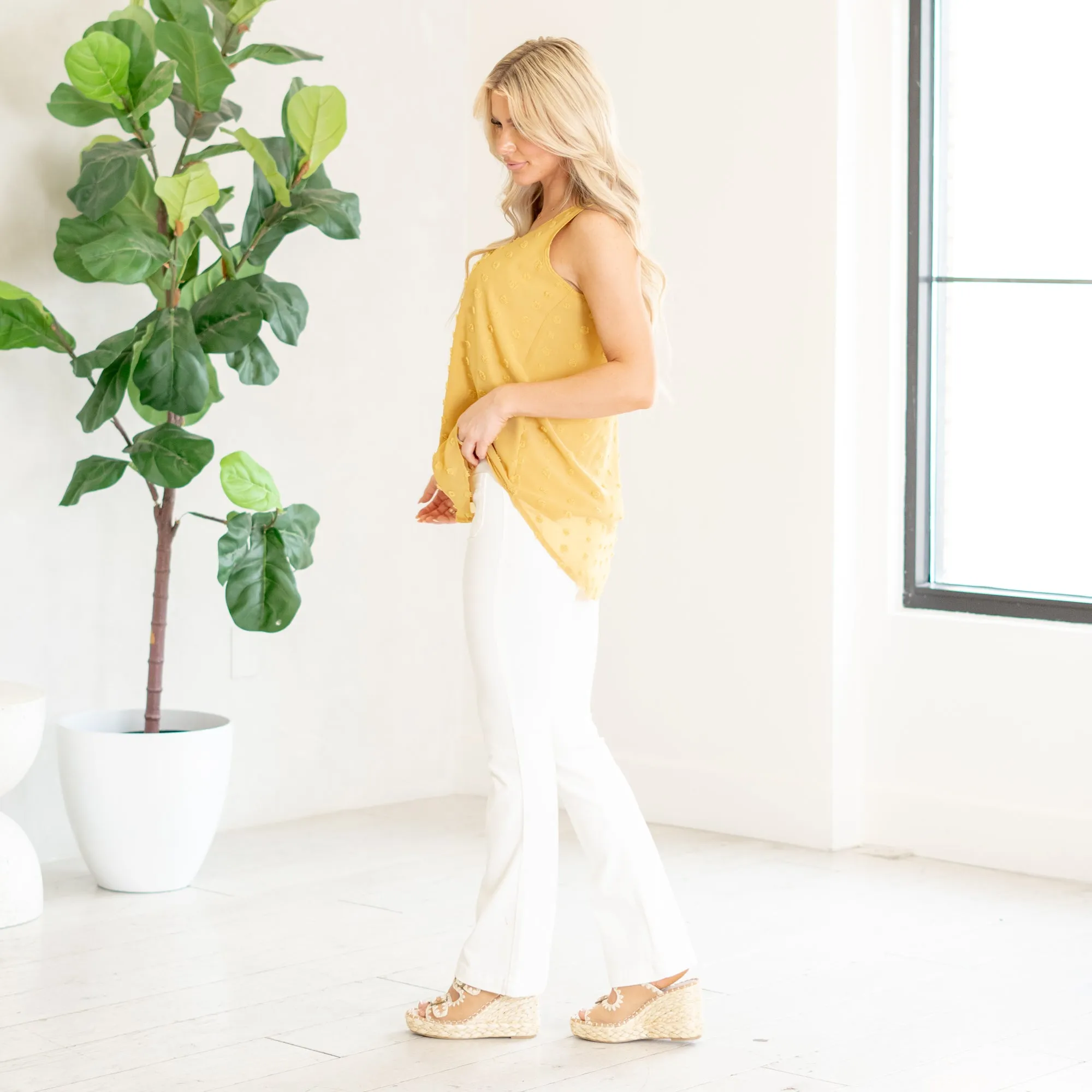 Swiss dot sleeveless round neck & round hem top