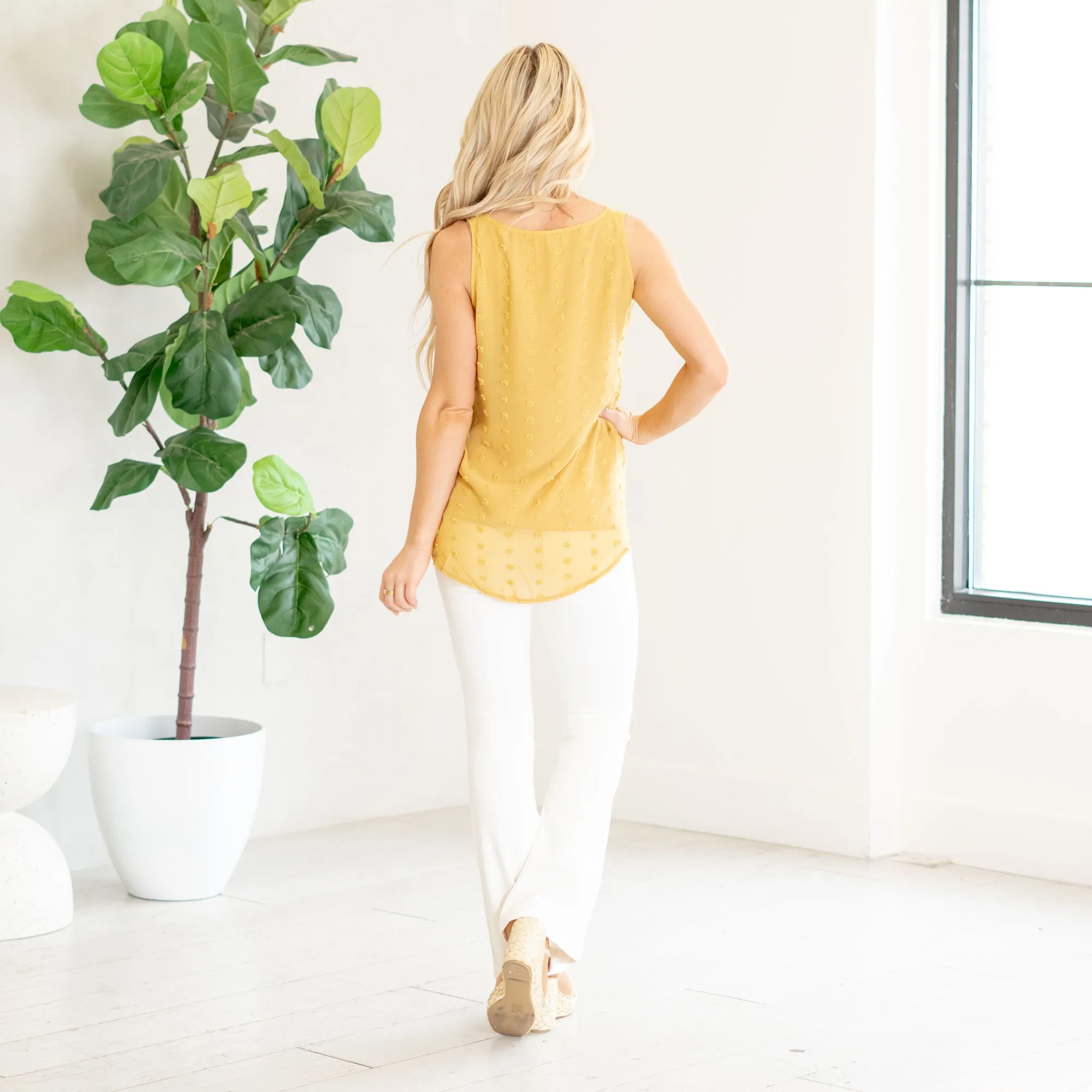 Swiss dot sleeveless round neck & round hem top