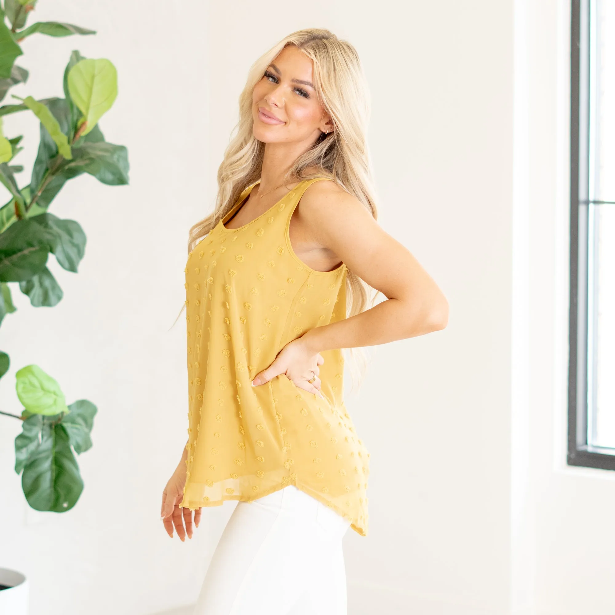 Swiss dot sleeveless round neck & round hem top