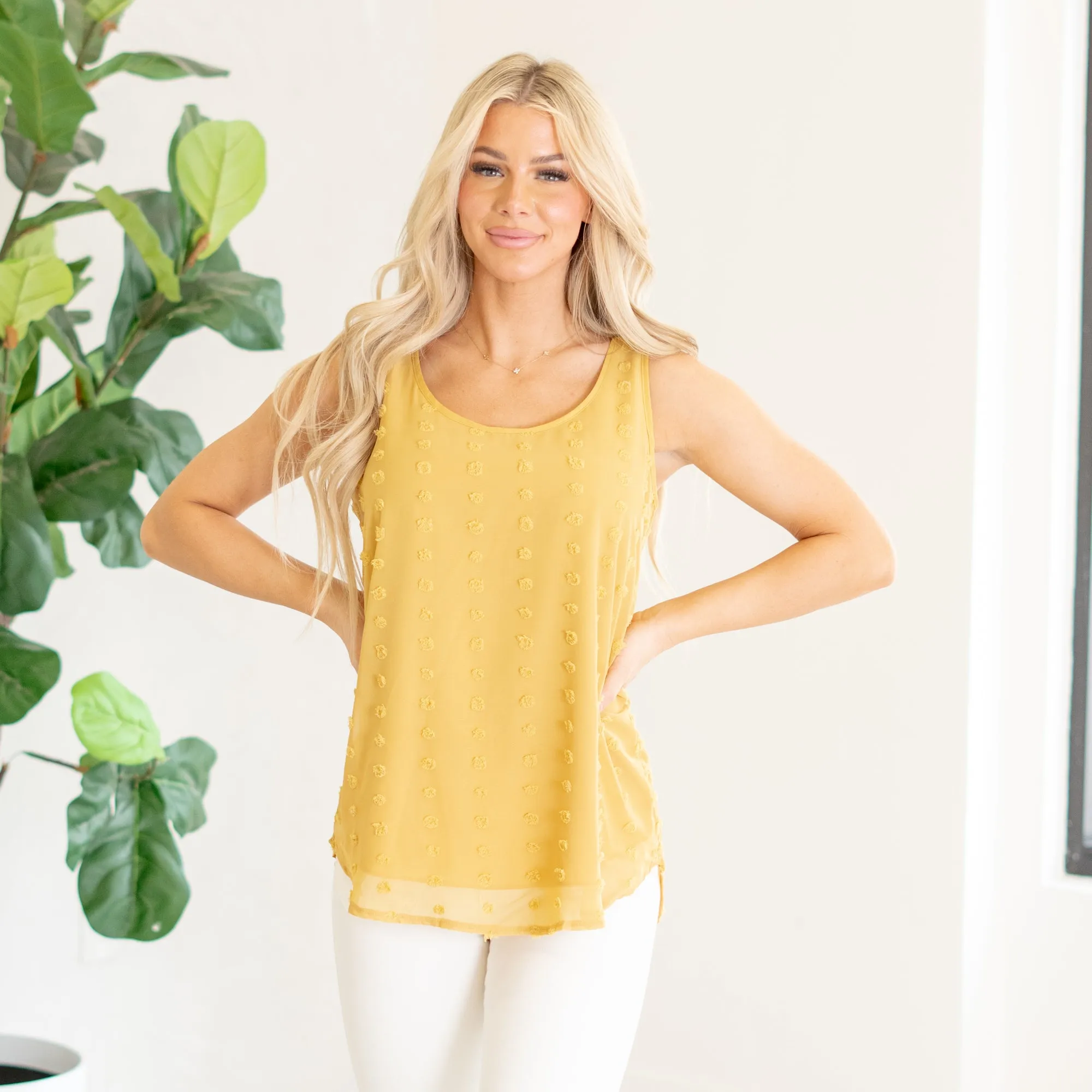 Swiss dot sleeveless round neck & round hem top