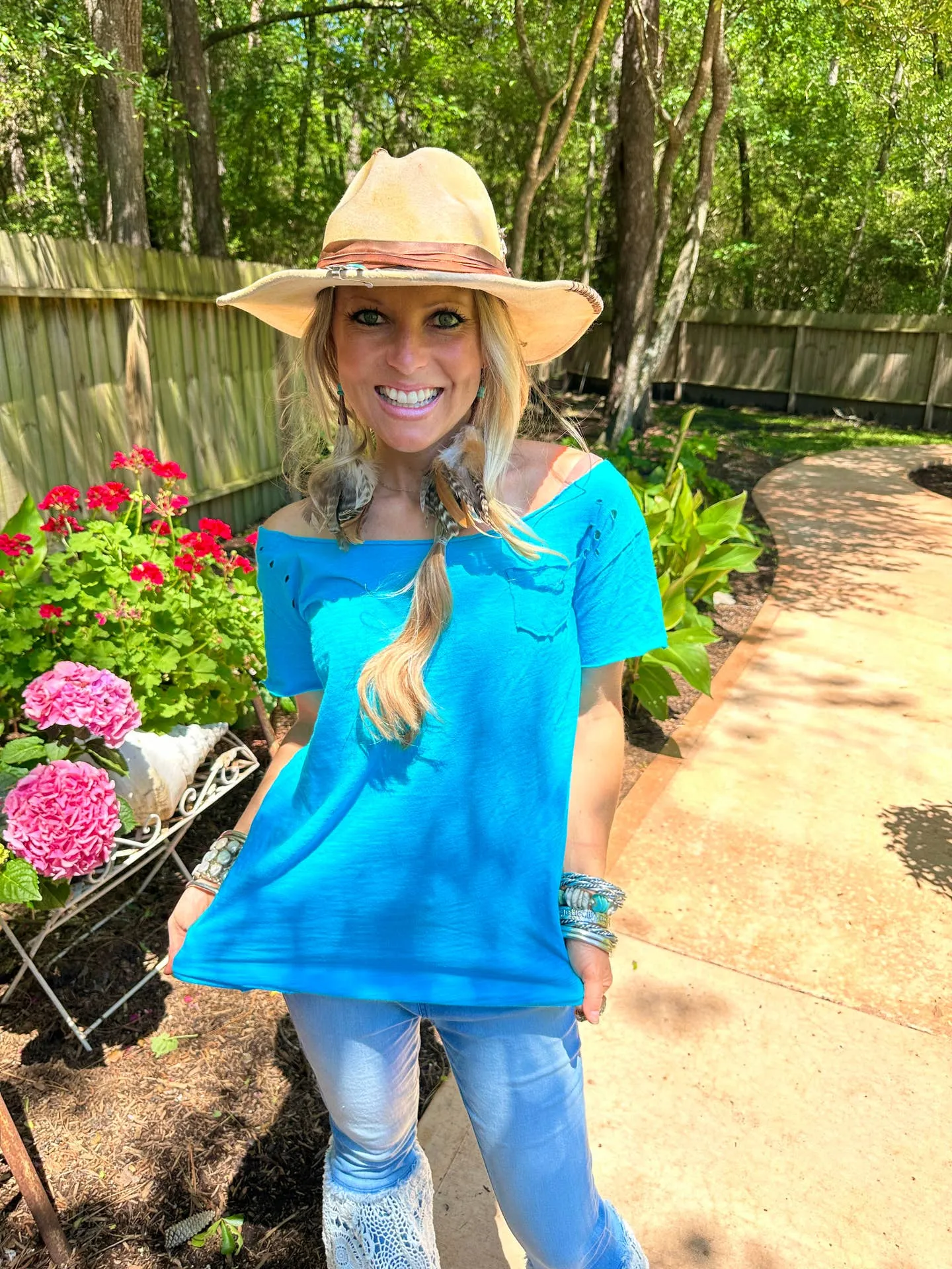 Turquoise Blue Ripped Tattered Tee