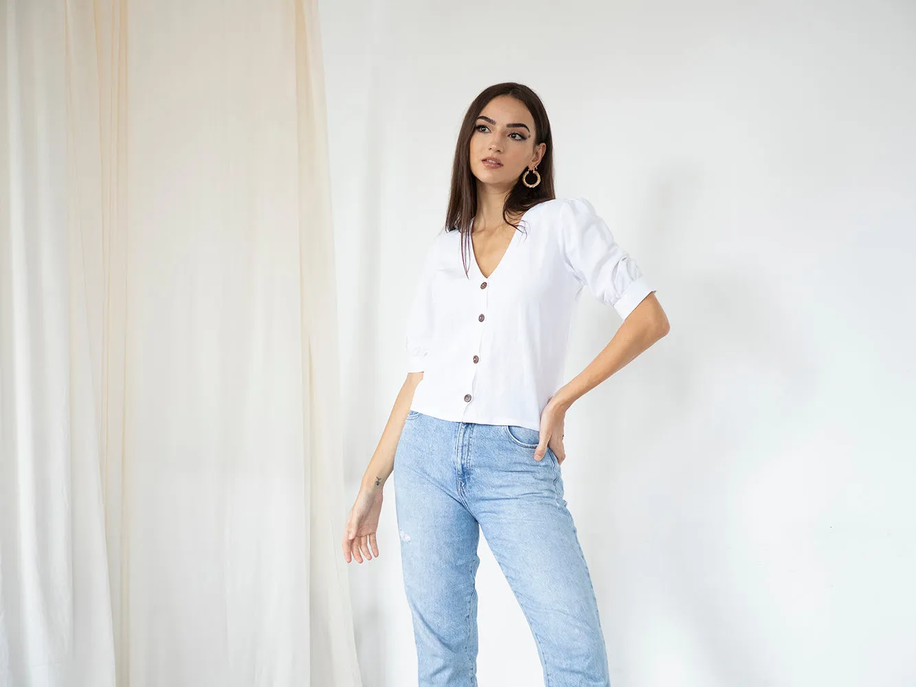 V Neck Button Down Top