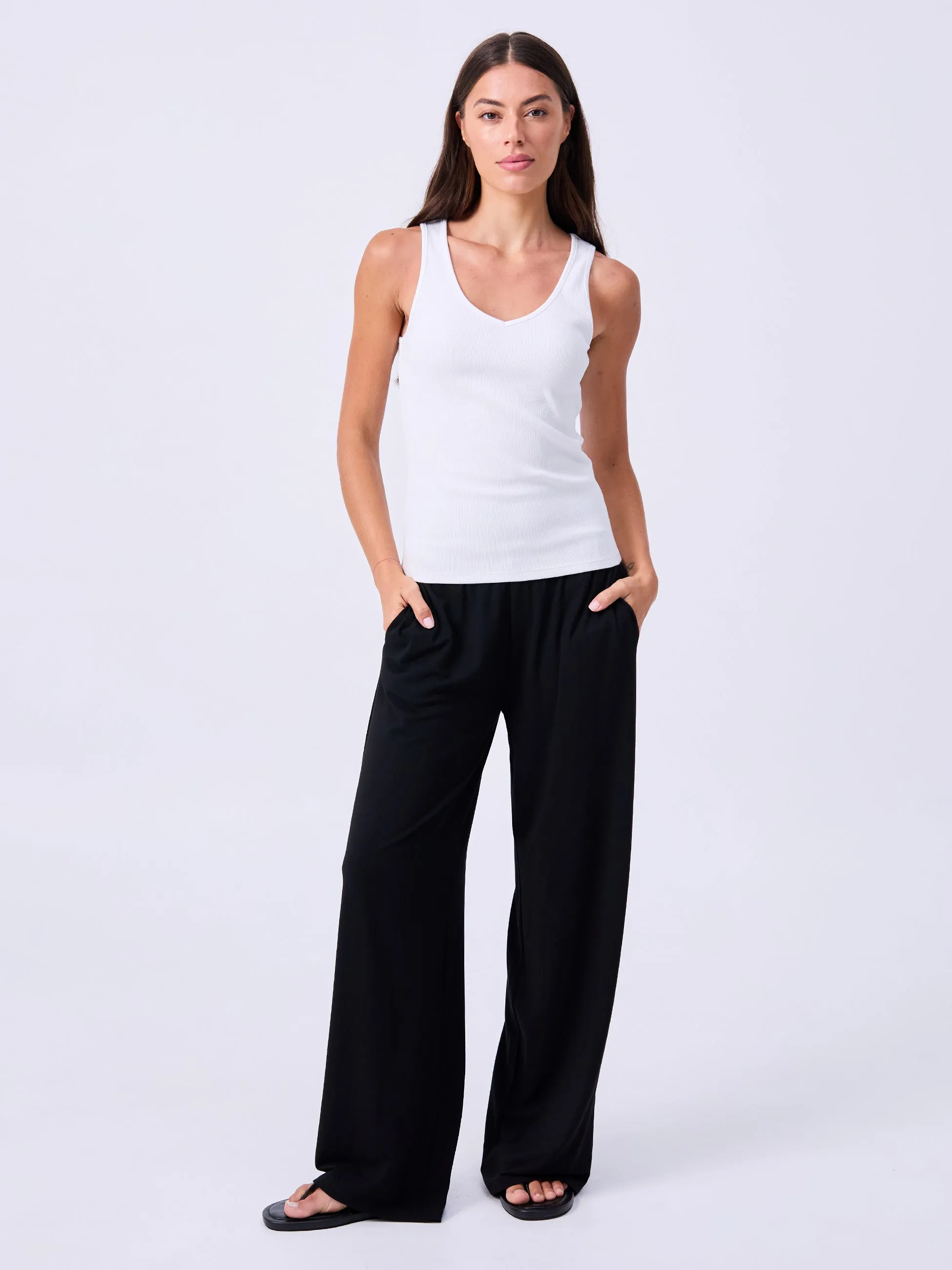 V neck Rib Tank - White