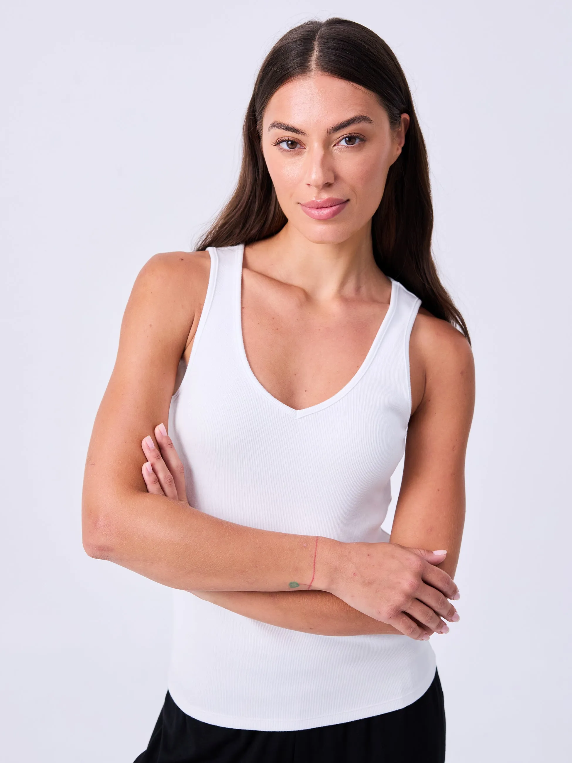 V neck Rib Tank - White