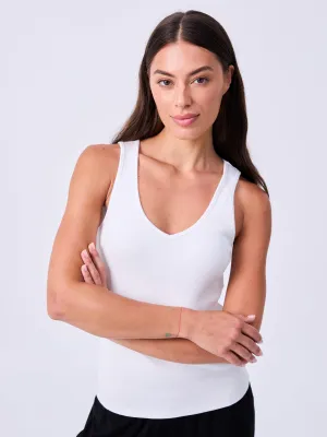 V neck Rib Tank - White
