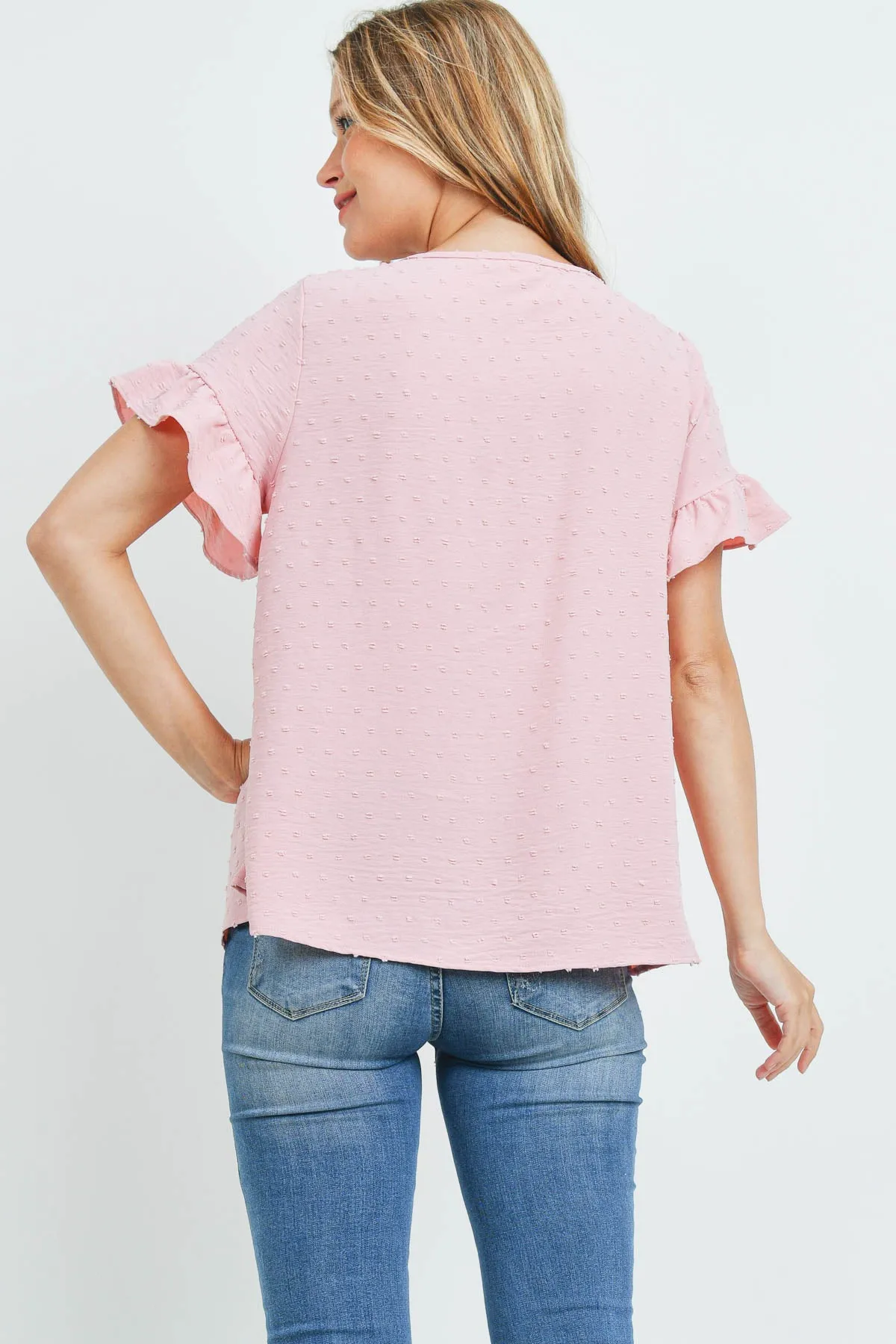 V-Neck Ruffle Sleeves Swiss Dot Top