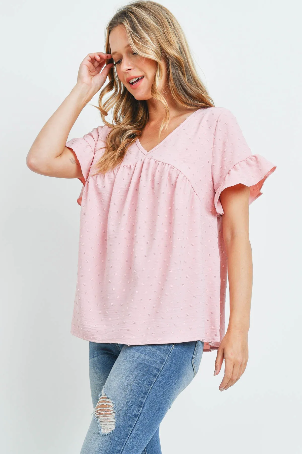 V-Neck Ruffle Sleeves Swiss Dot Top
