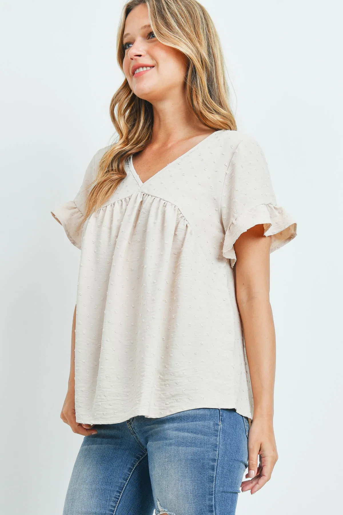 V-Neck Ruffle Sleeves Swiss Dot Top
