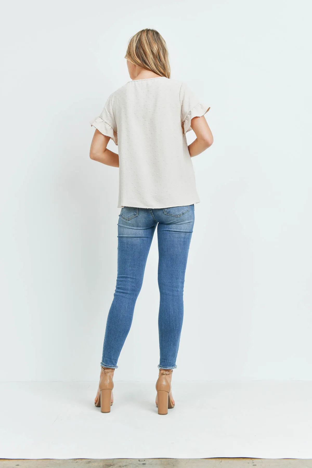 V-Neck Ruffle Sleeves Swiss Dot Top