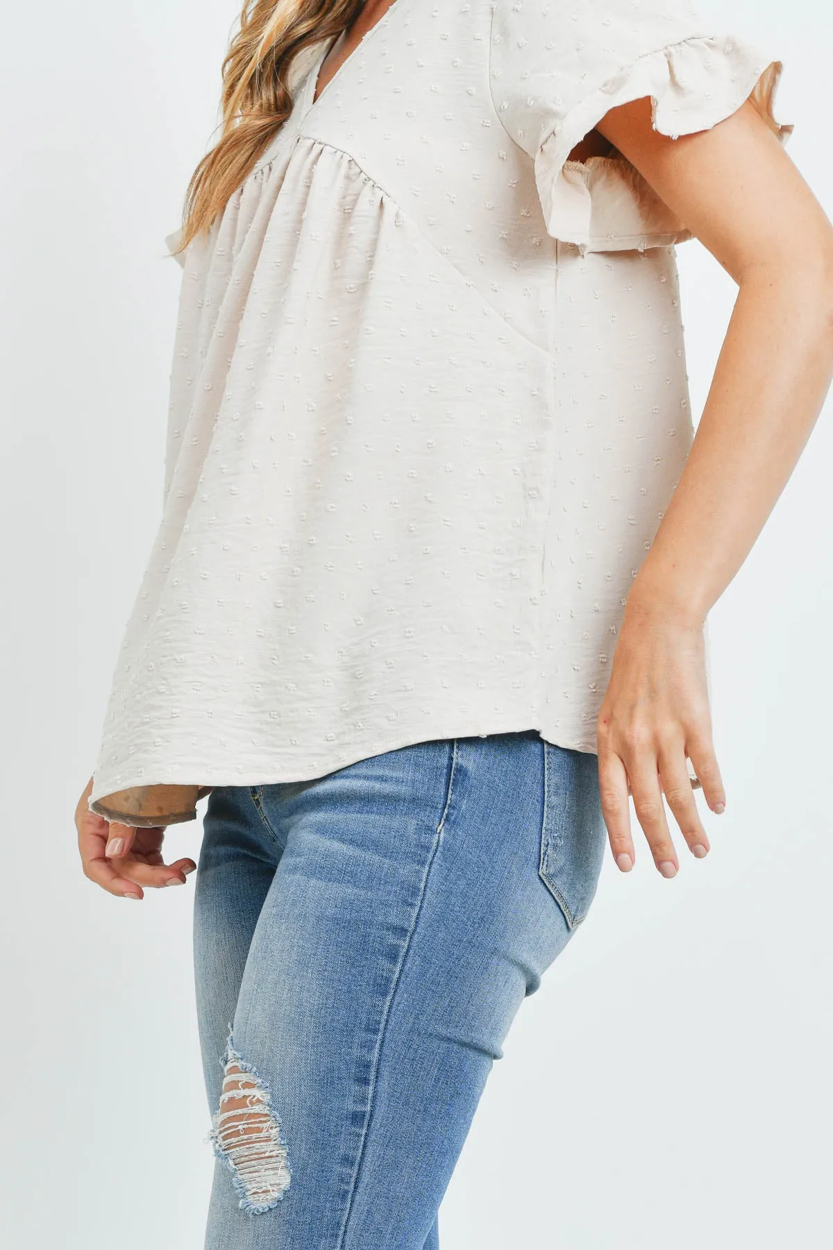 V-Neck Ruffle Sleeves Swiss Dot Top