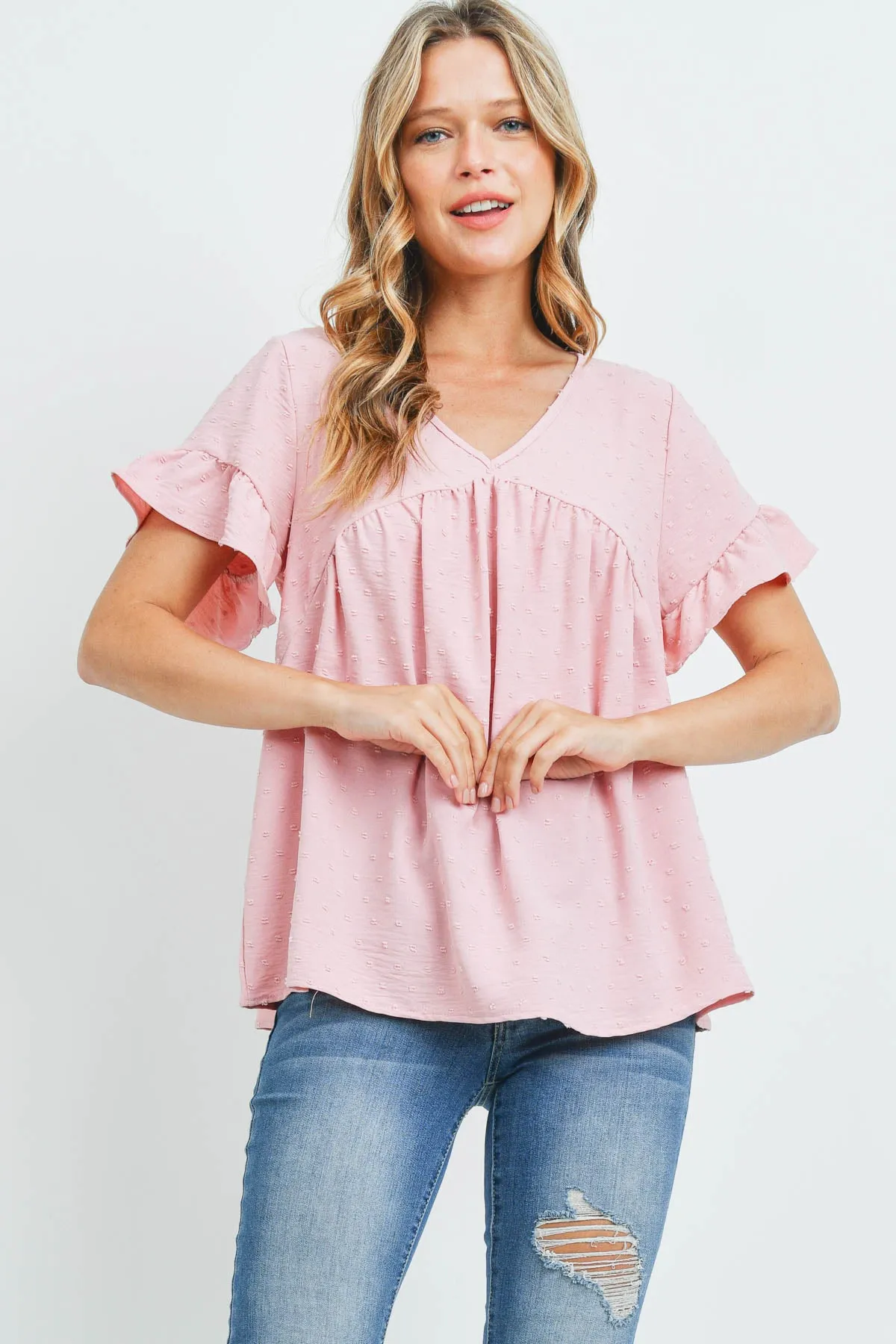 V-Neck Ruffle Sleeves Swiss Dot Top