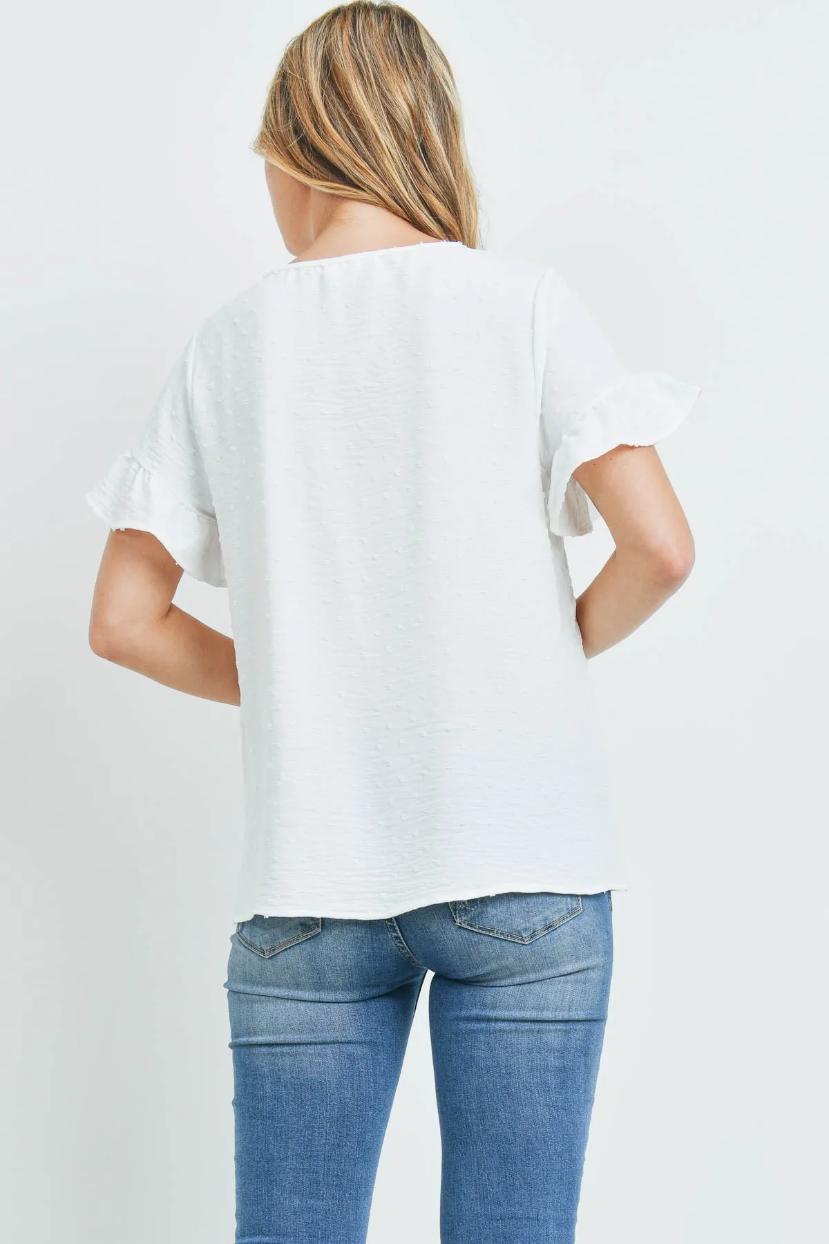 V-Neck Ruffle Sleeves Swiss Dot Top