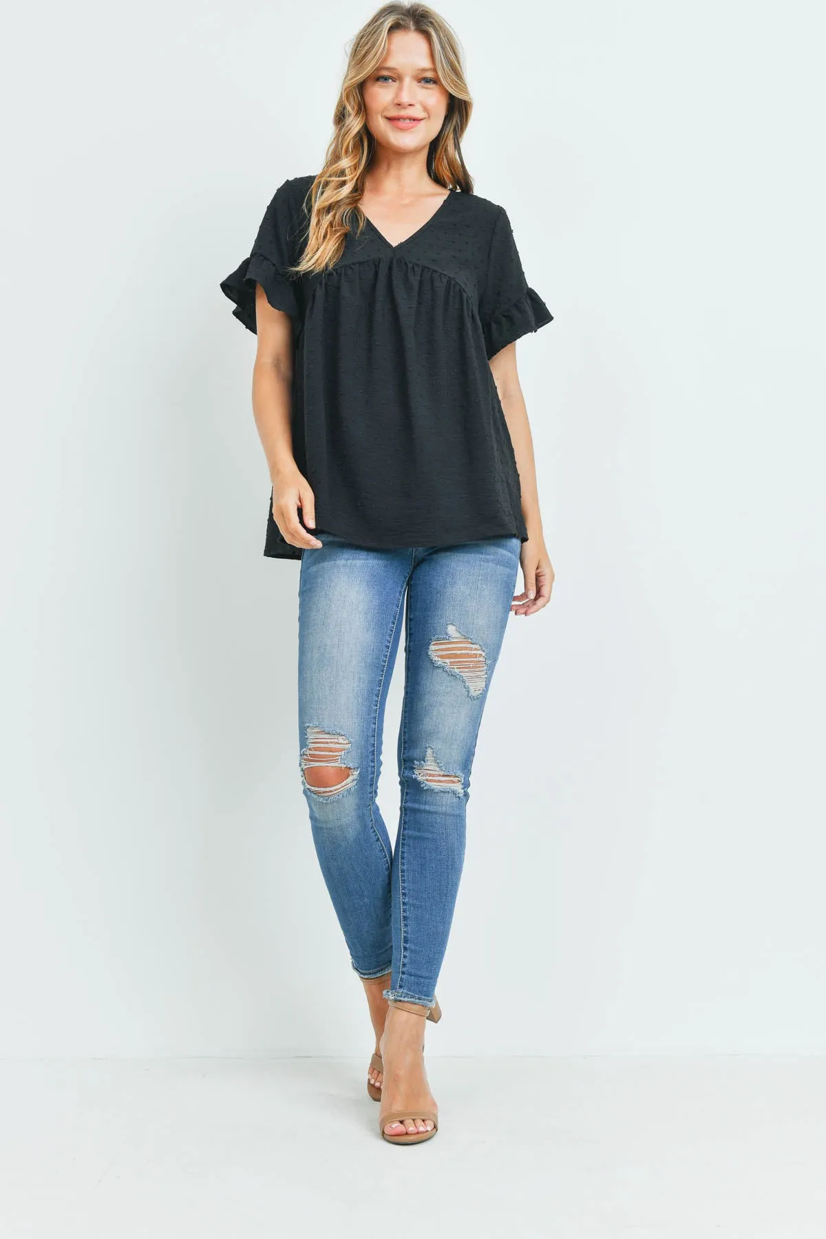 V-Neck Ruffle Sleeves Swiss Dot Top