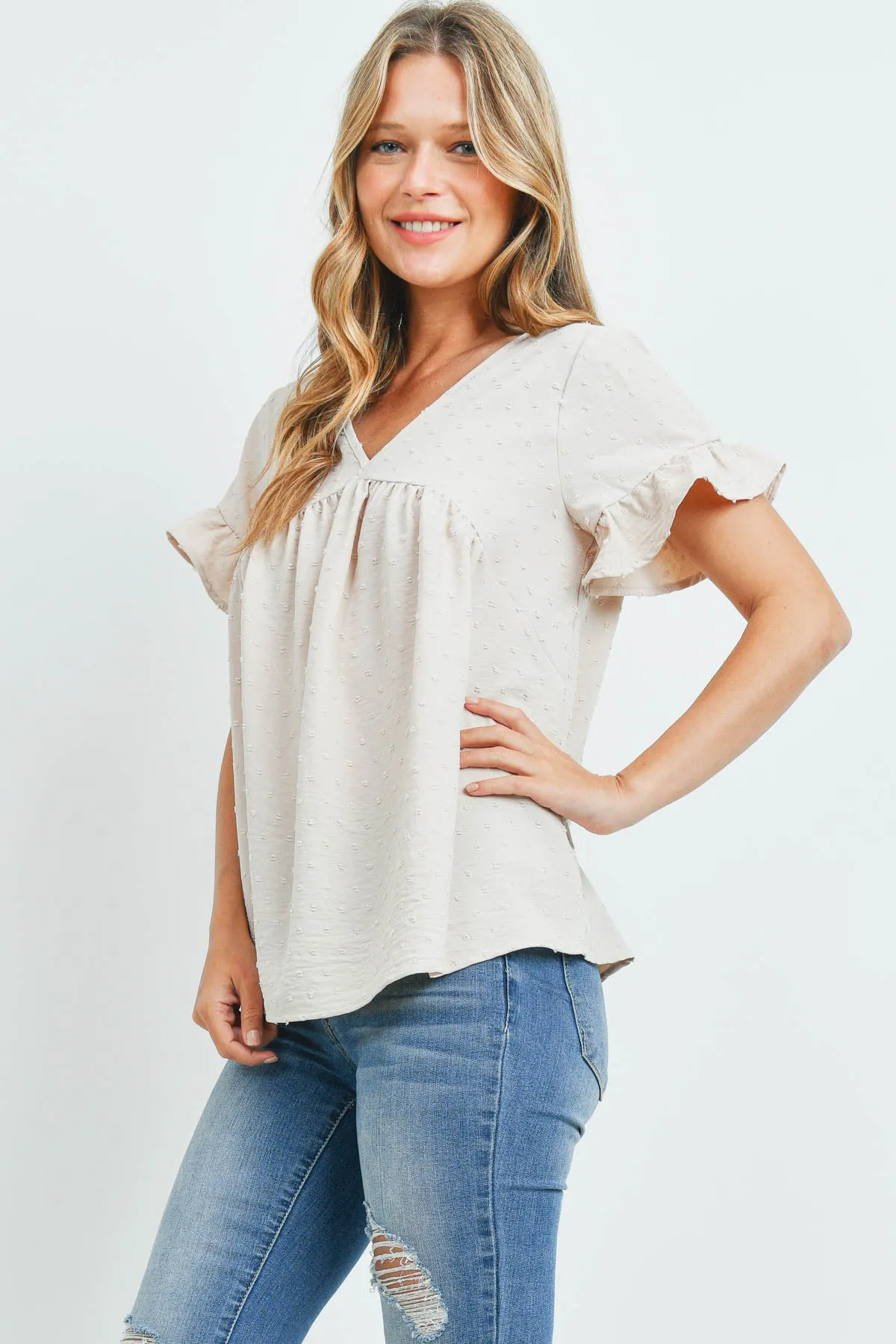 V-Neck Ruffle Sleeves Swiss Dot Top