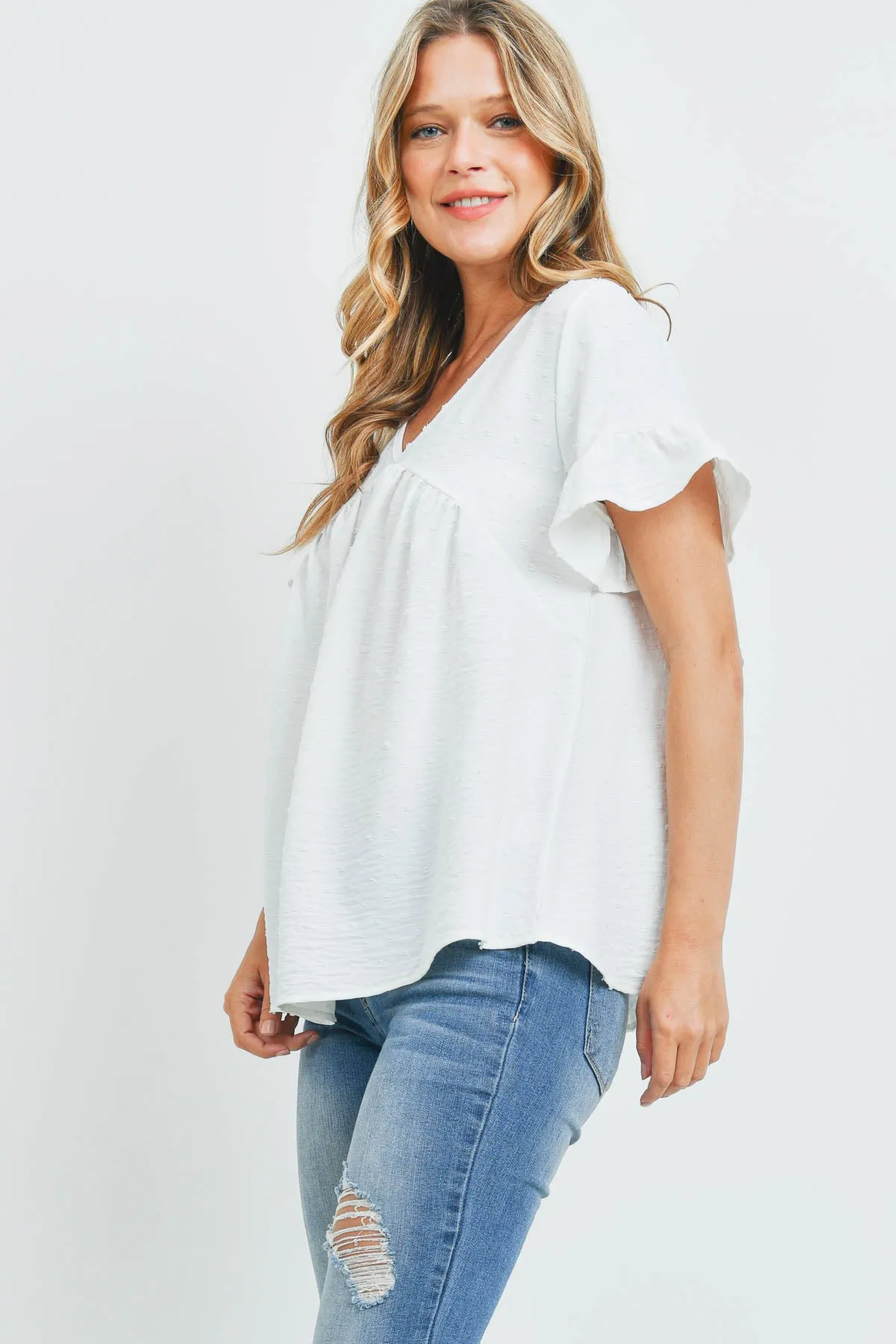 V-Neck Ruffle Sleeves Swiss Dot Top