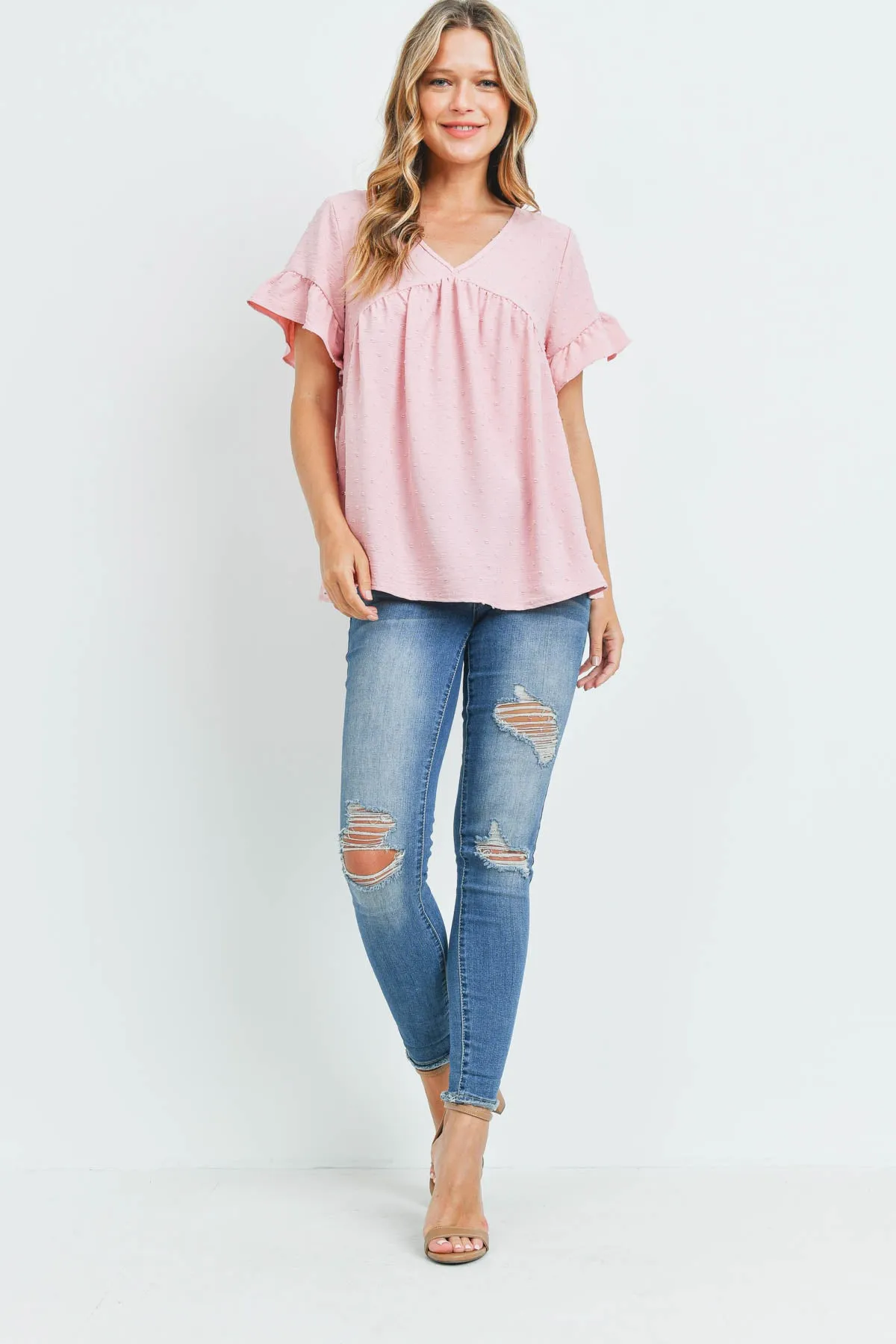 V-Neck Ruffle Sleeves Swiss Dot Top