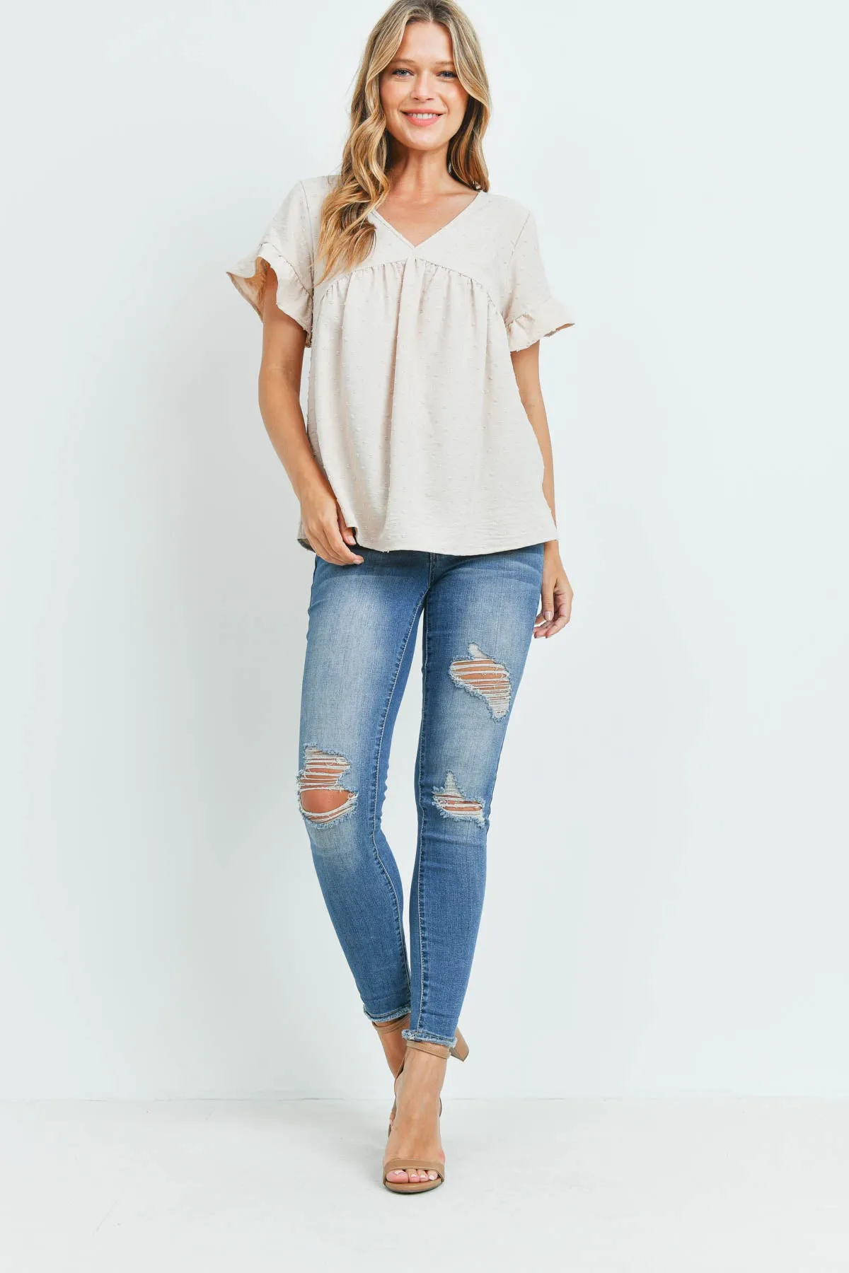 V-Neck Ruffle Sleeves Swiss Dot Top