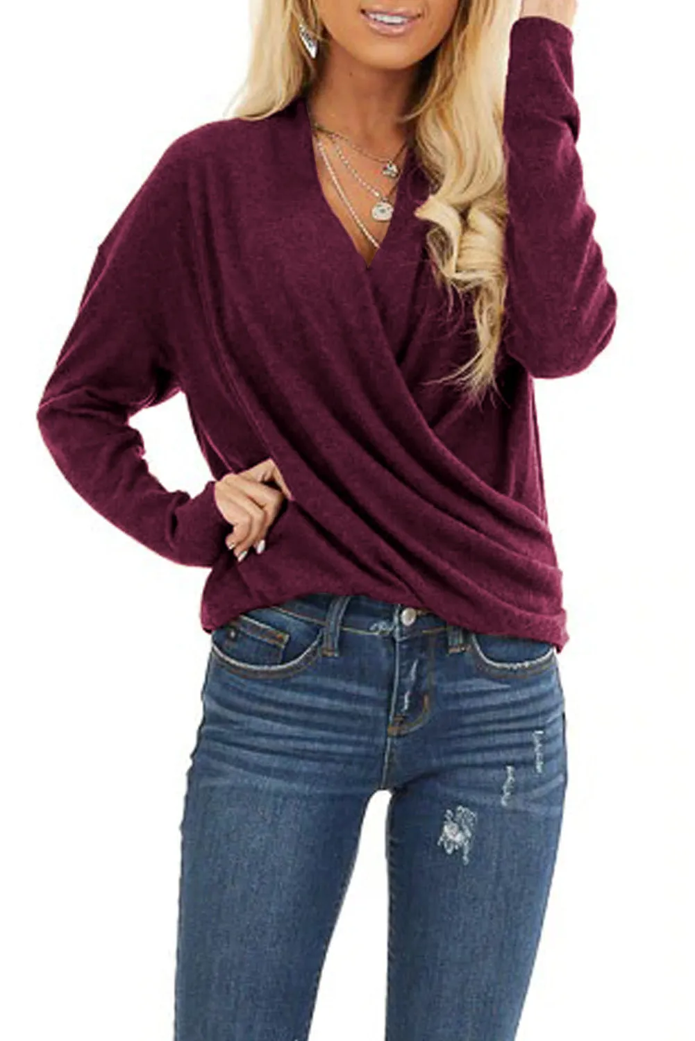 V-Neck Wrap Front Irregular Twist Hem Long Sleeve Top