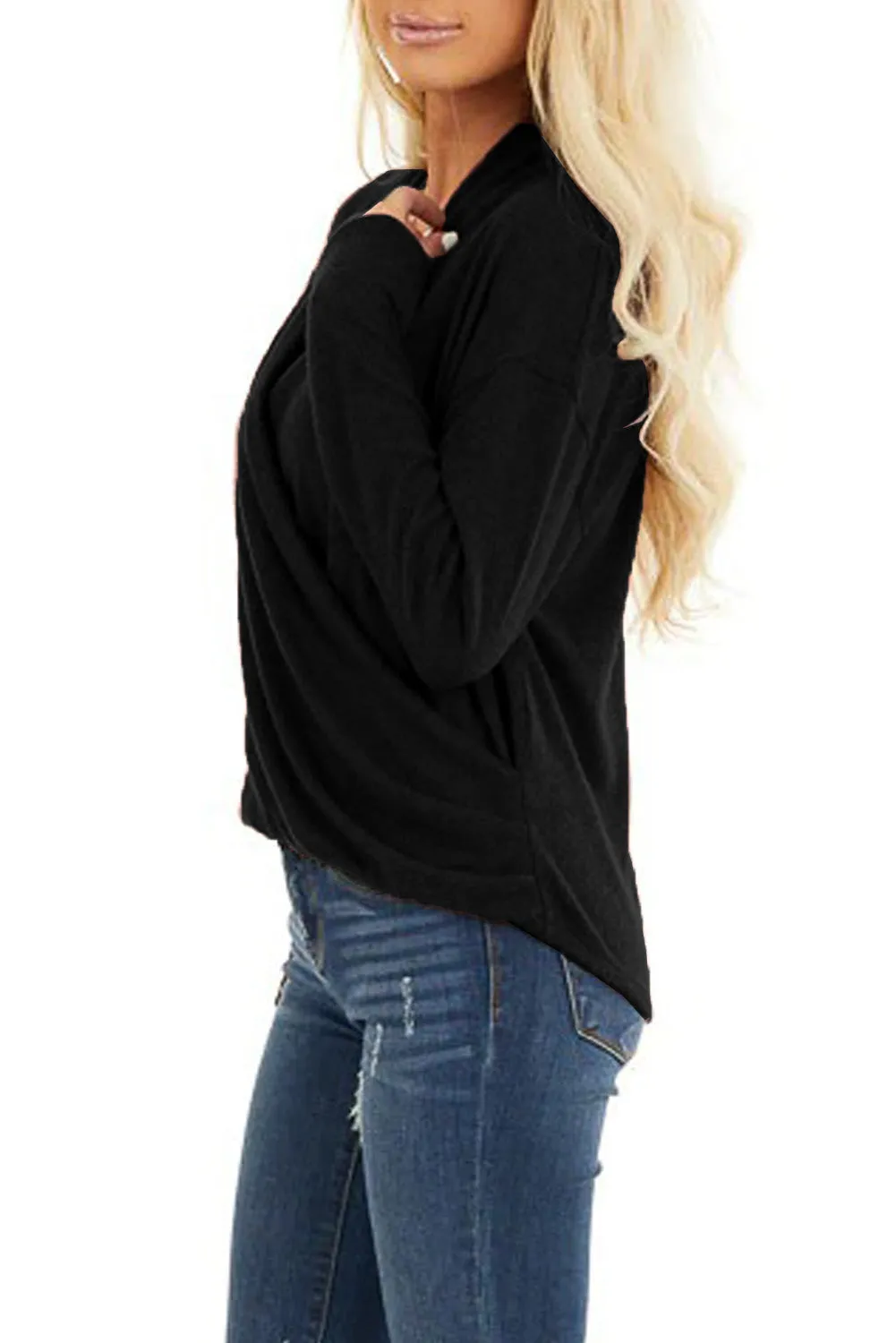 V-Neck Wrap Front Irregular Twist Hem Long Sleeve Top